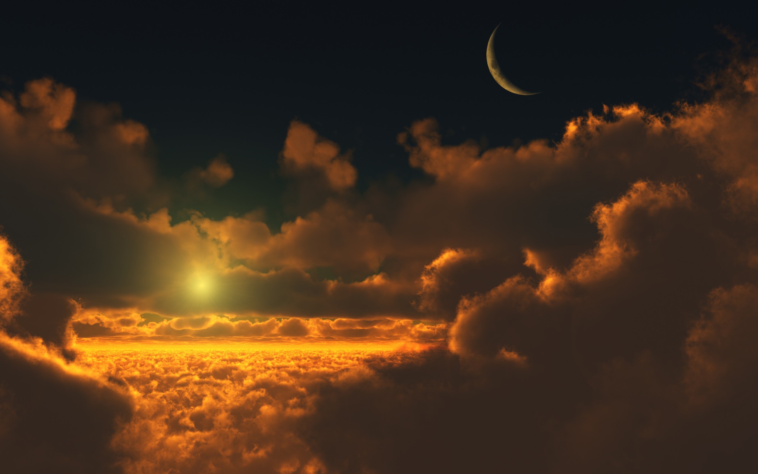 Orange clouds with sun and moon HD Wallpaper