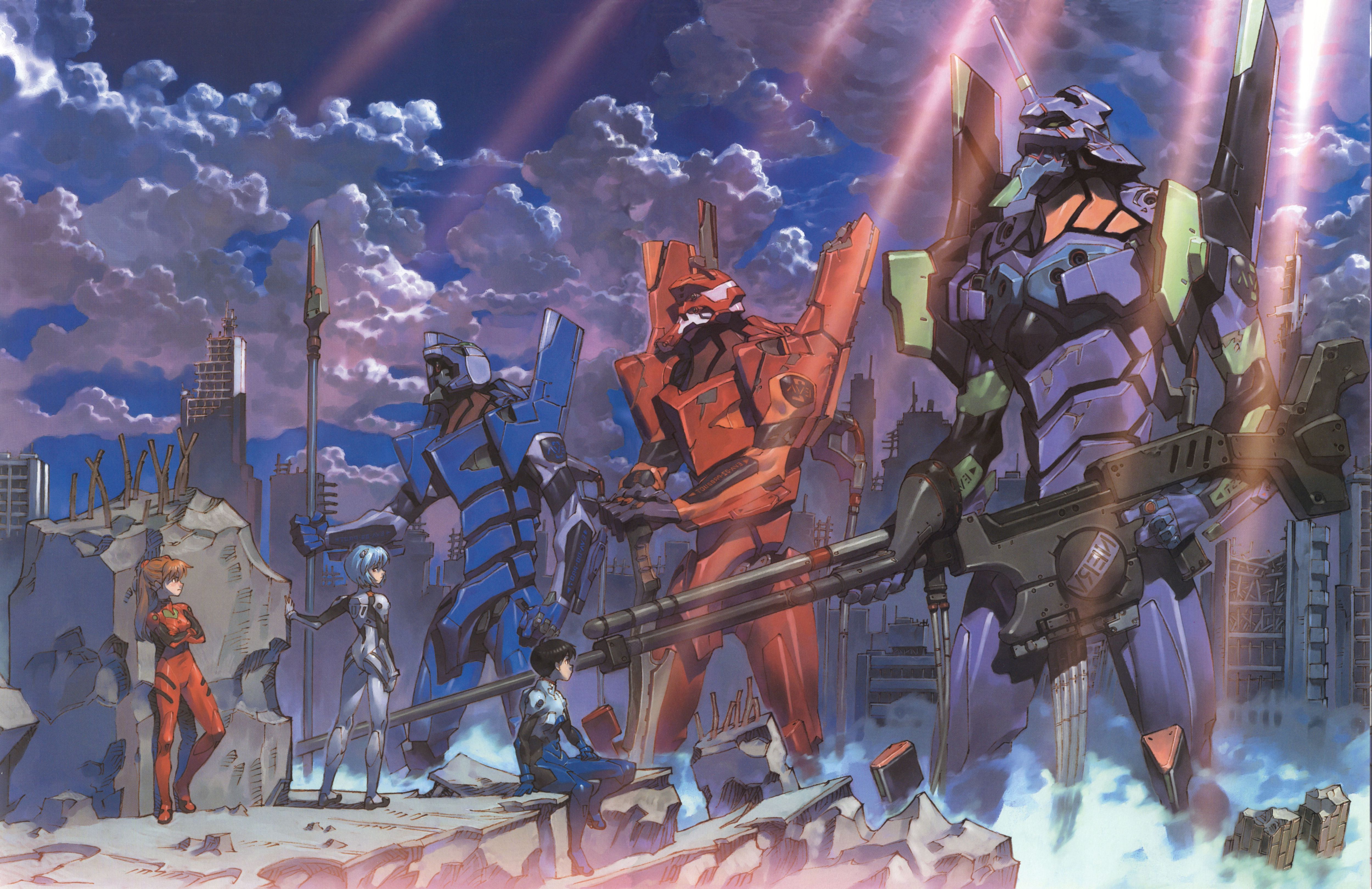 Evangelion Units with Pilots in Ruined City HD Wallpaper