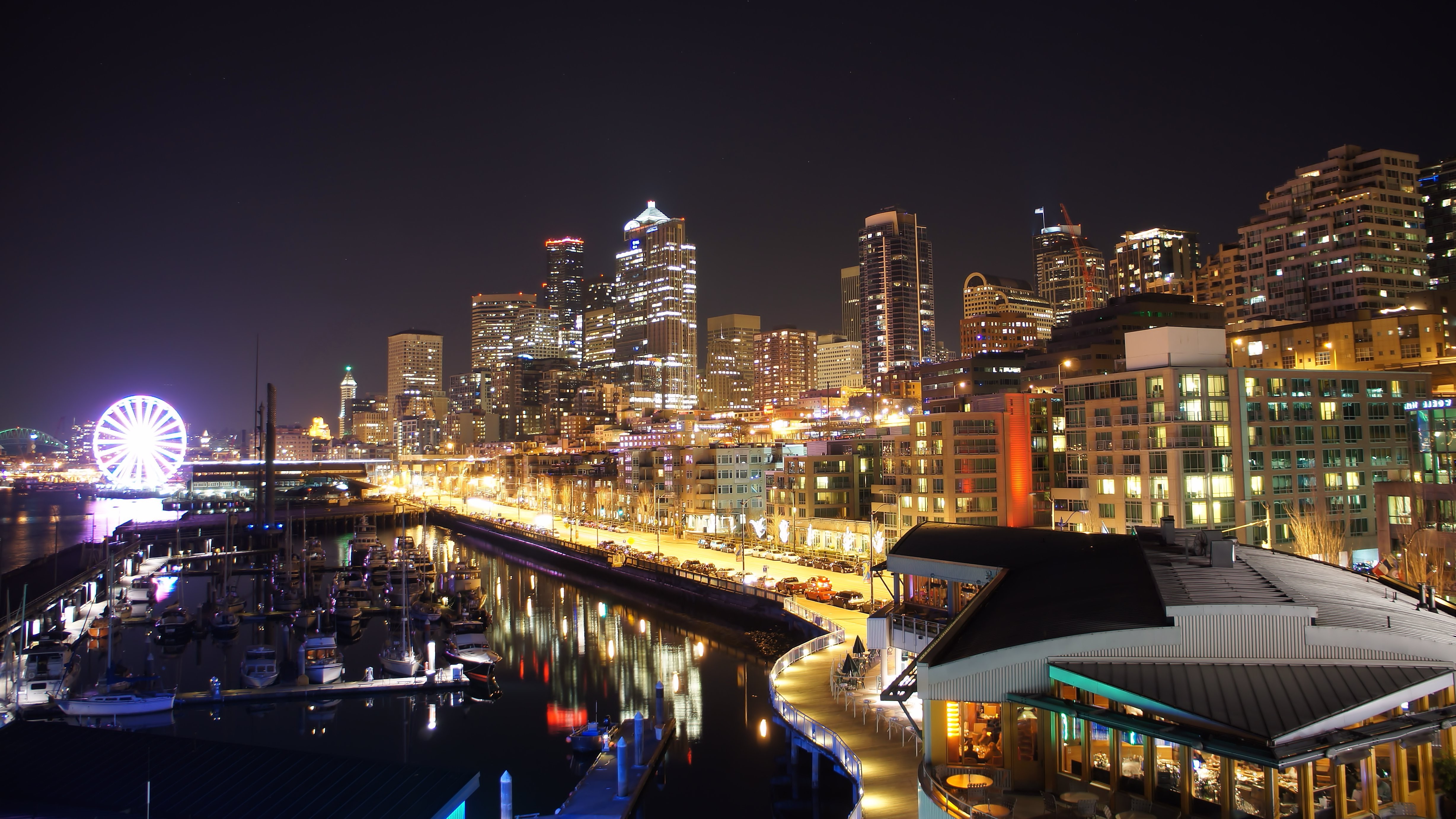 Seattle skyline with Ferris wheel at night HD Wallpaper