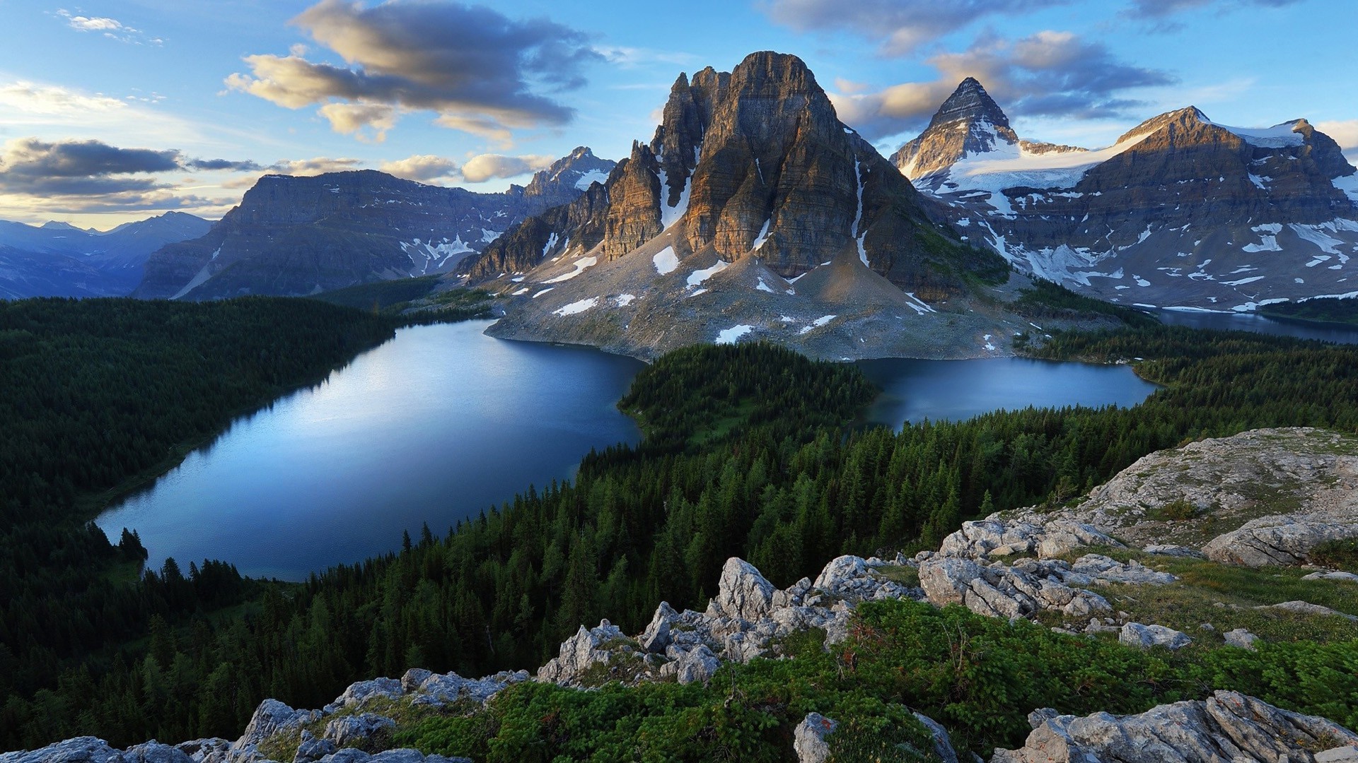 Mountain Lake with Snow-Capped Peaks and Forest HD Wallpaper