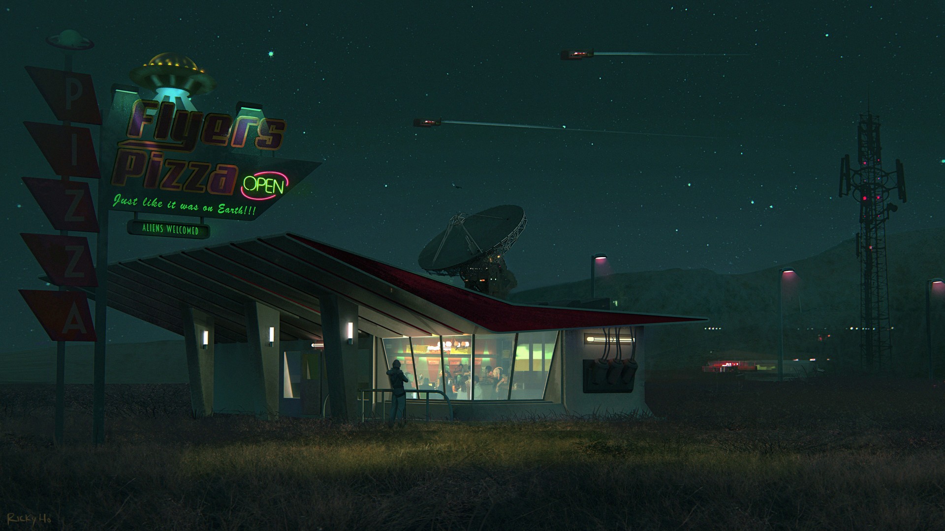 Flyers Pizza restaurant with UFO and flying cars at night HD Wallpaper