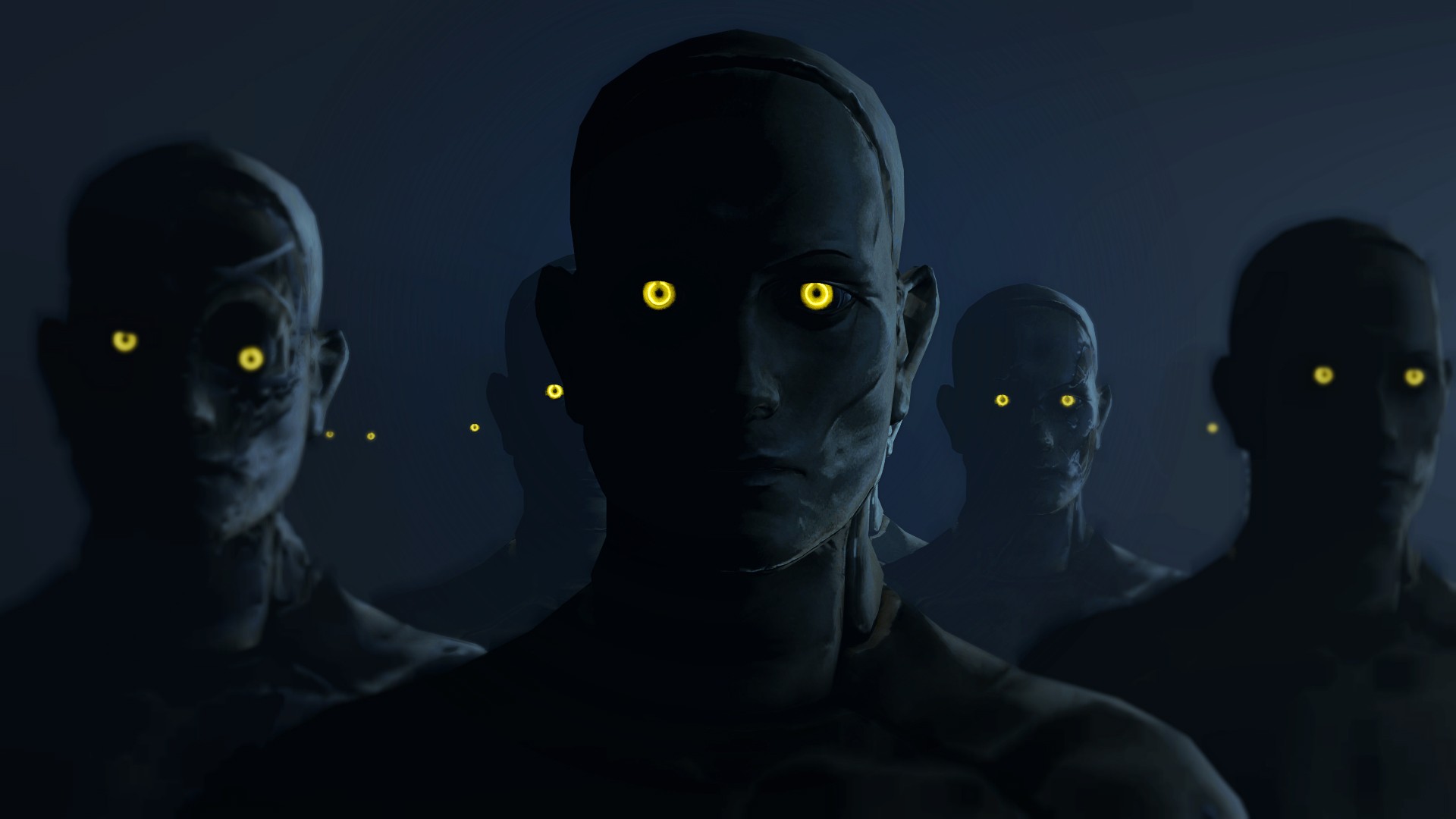 Robots with glowing yellow eyes in the dark HD Wallpaper