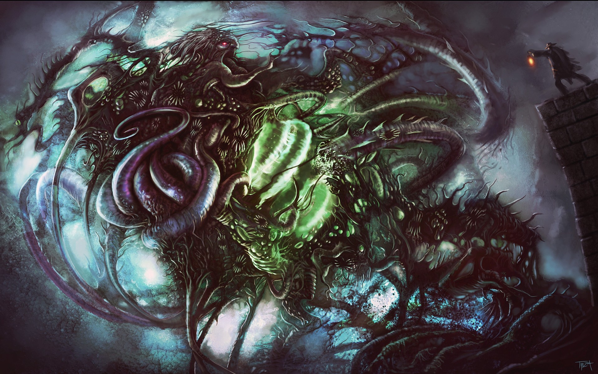 Cthulhu and a man with a lantern HD Wallpaper