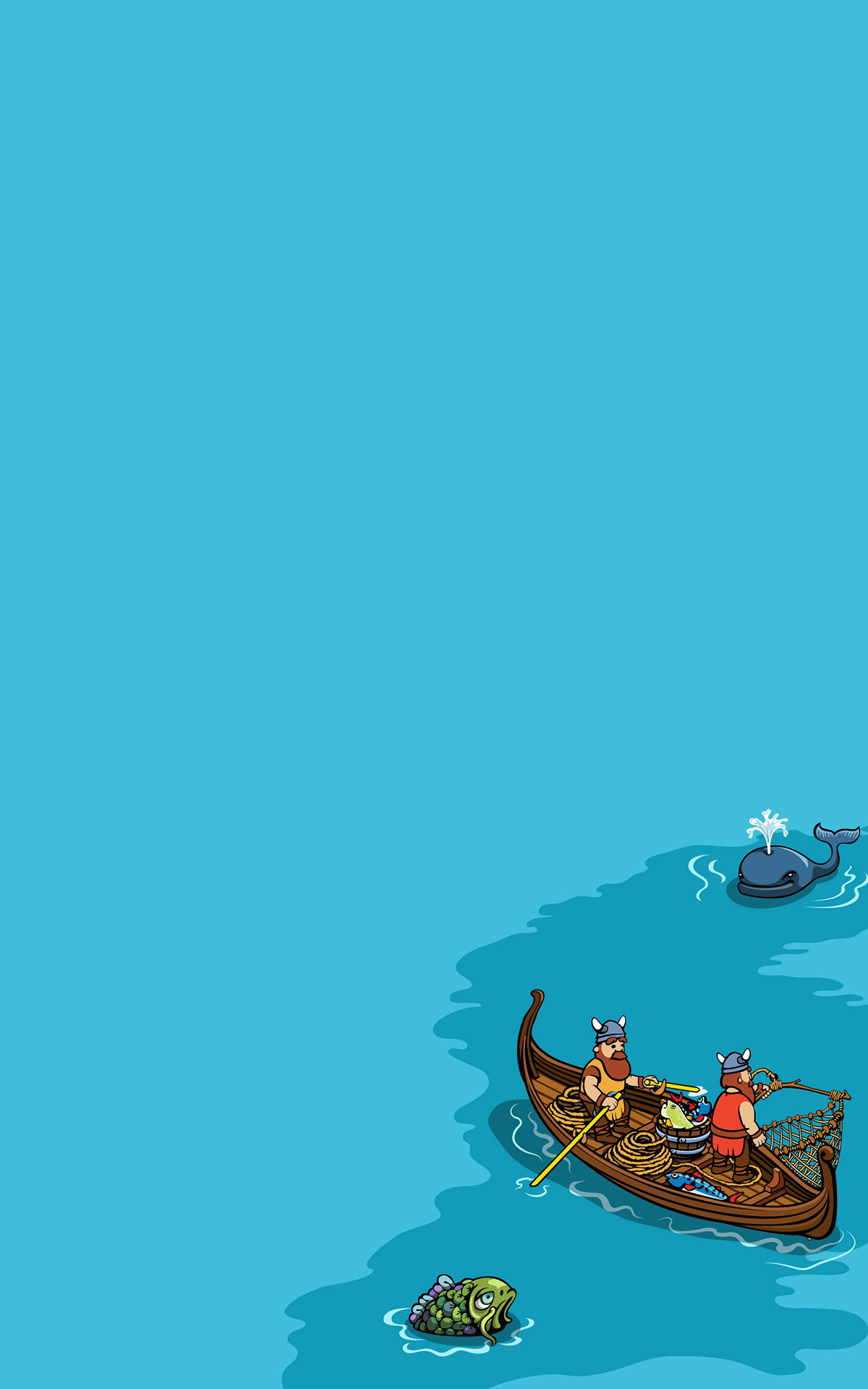 Vikings fishing in a boat with a whale and fish HD Wallpaper