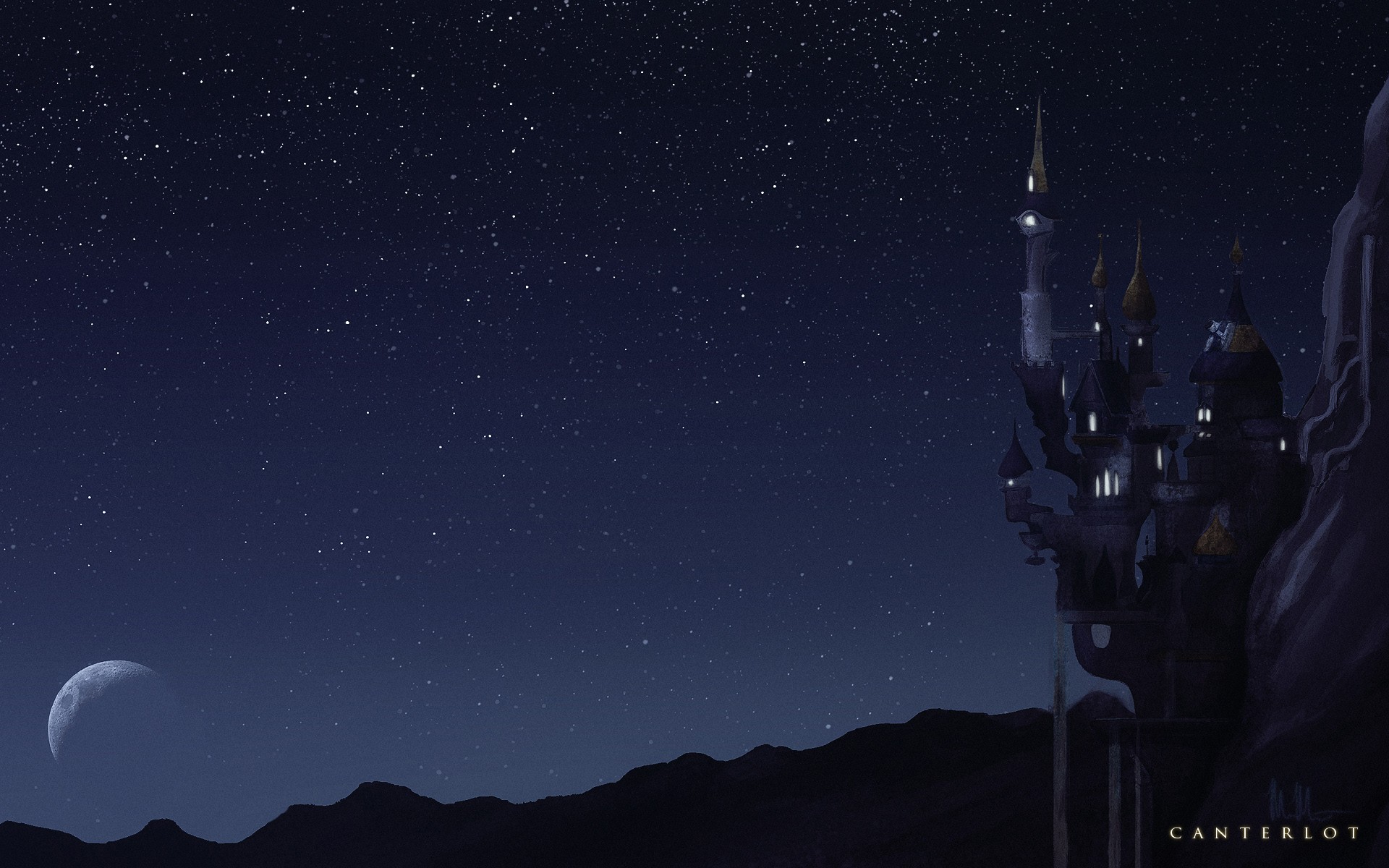 Canterlot Castle at Night with Moon and Stars HD Wallpaper
