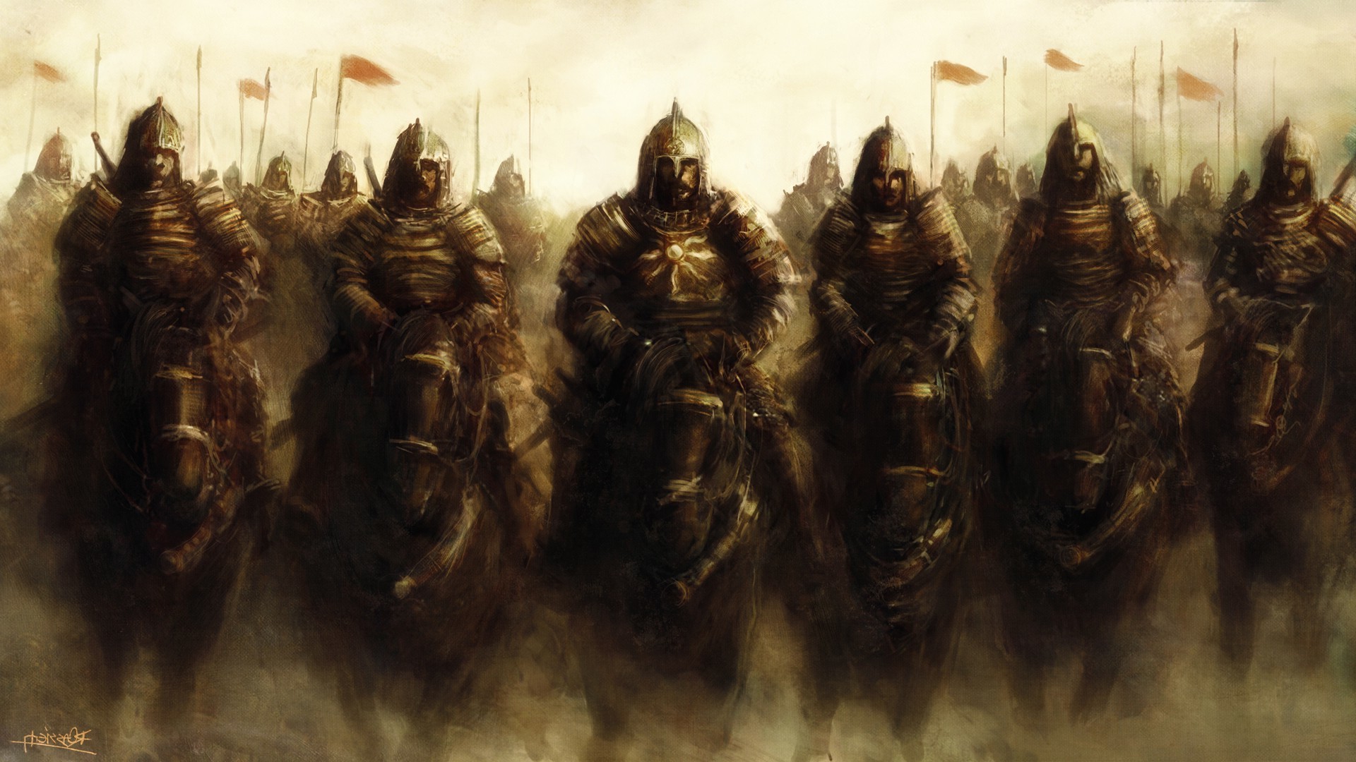 Mongol warriors on horseback in armor HD Wallpaper