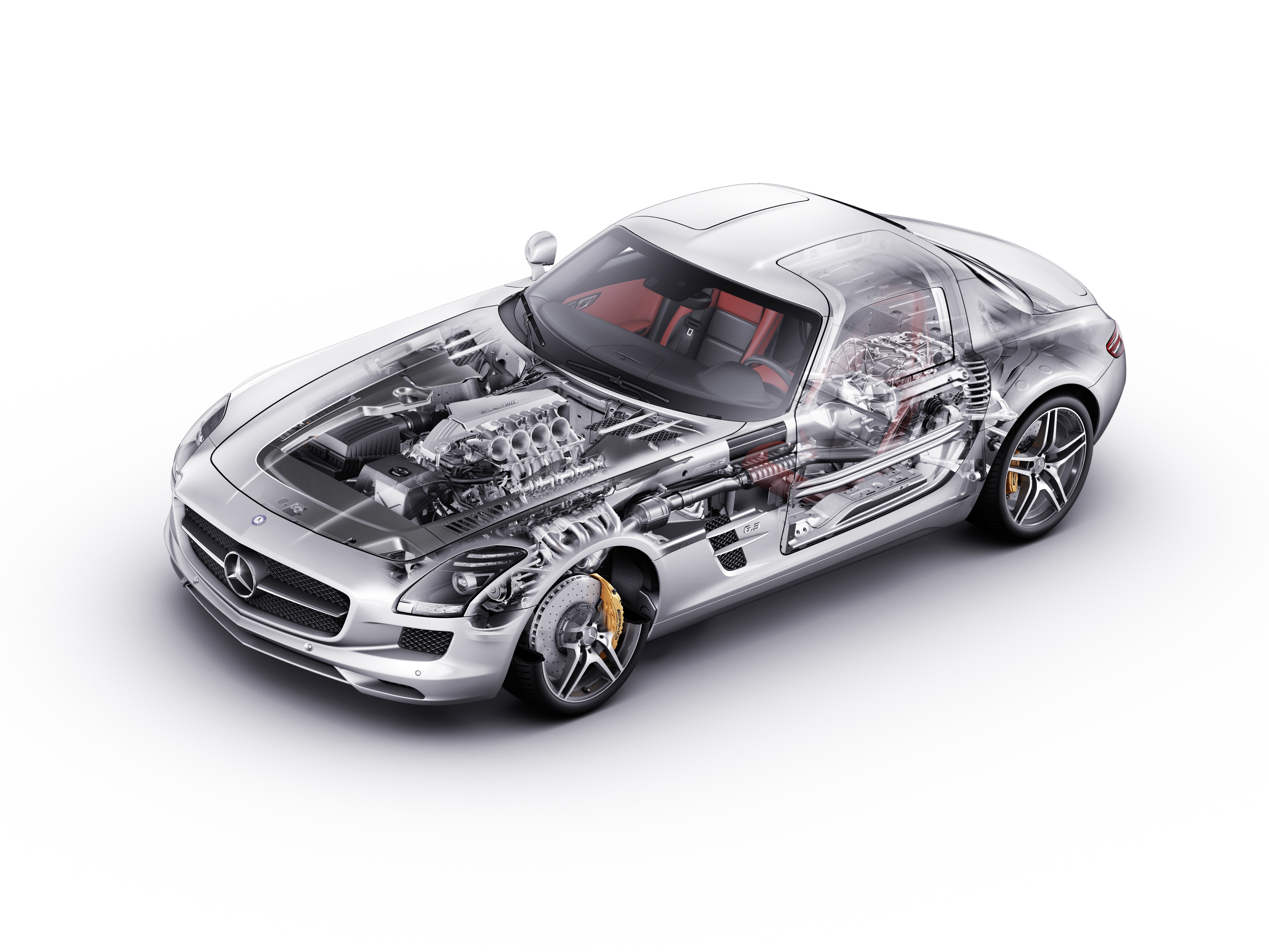 Mercedes-Benz SLS AMG cutaway with engine and interior HD Wallpaper
