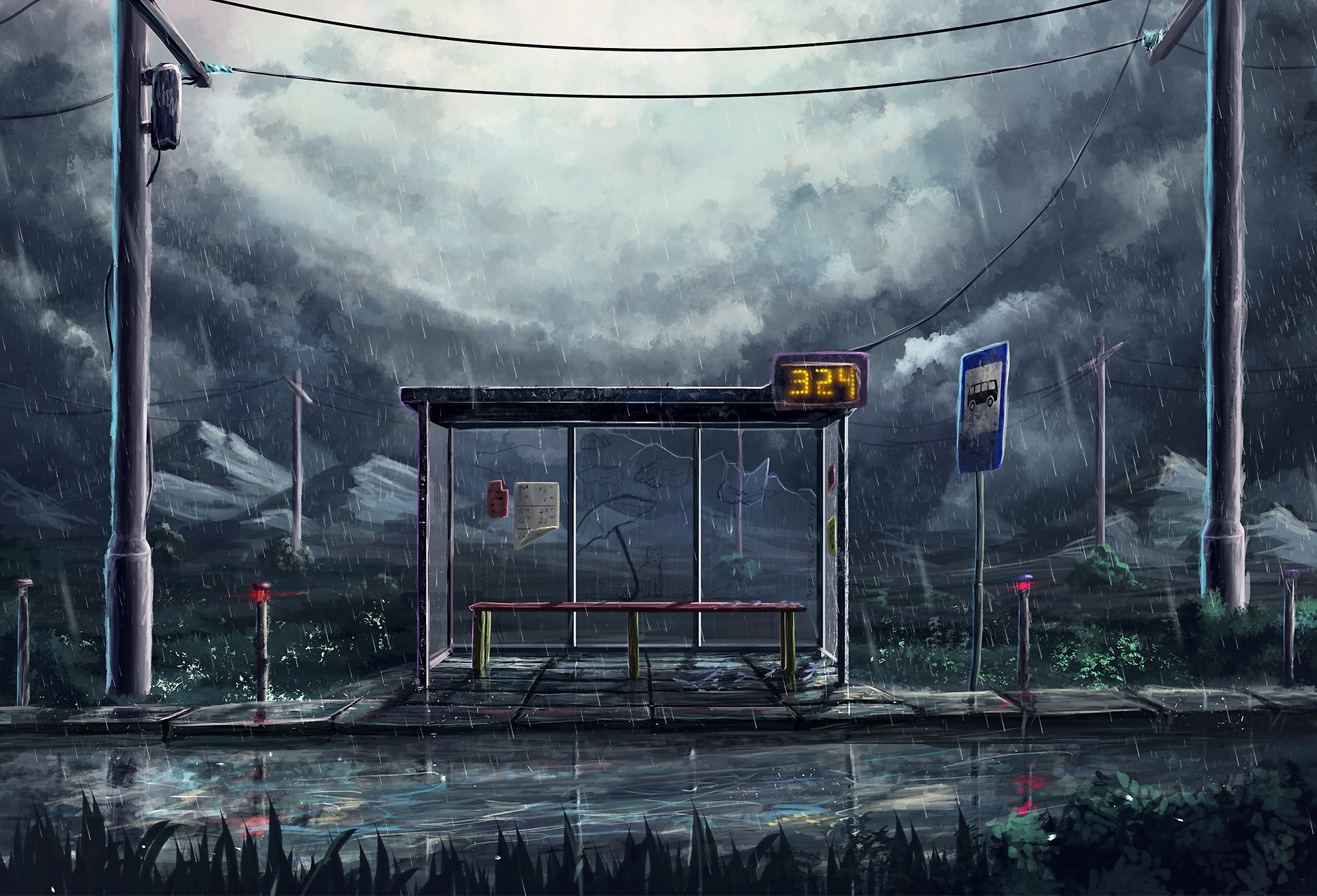 Bus station in the rain with digital clock HD Wallpaper