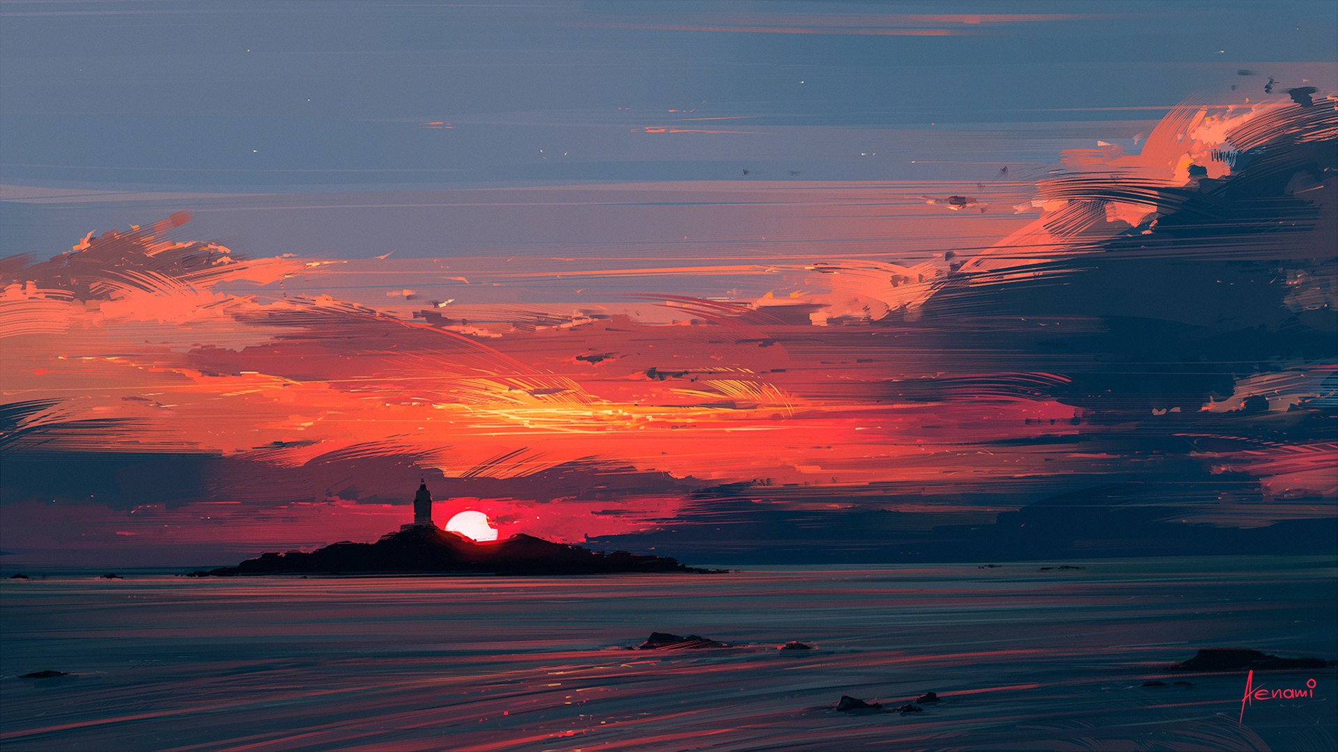 Sunset over the ocean with a lighthouse HD Wallpaper