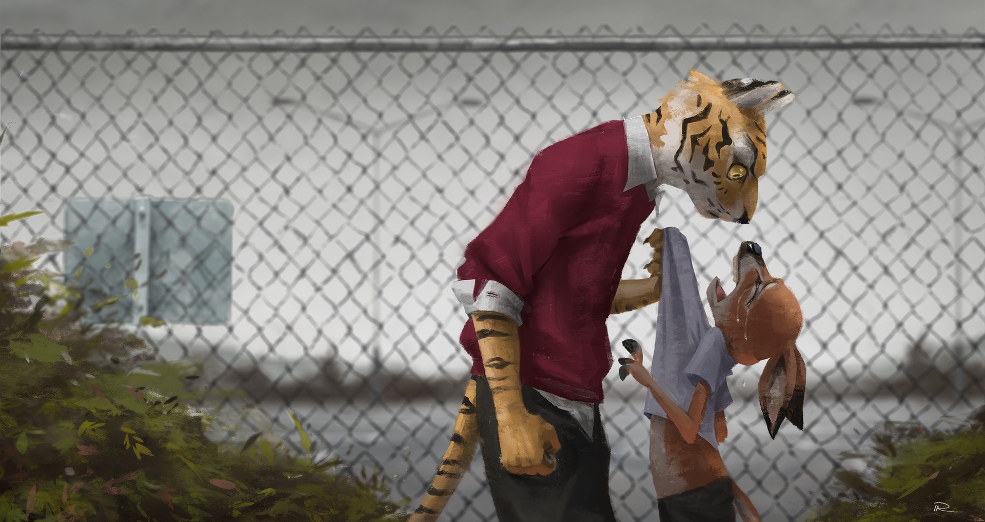 Tiger and fox characters in front of a fence HD Wallpaper