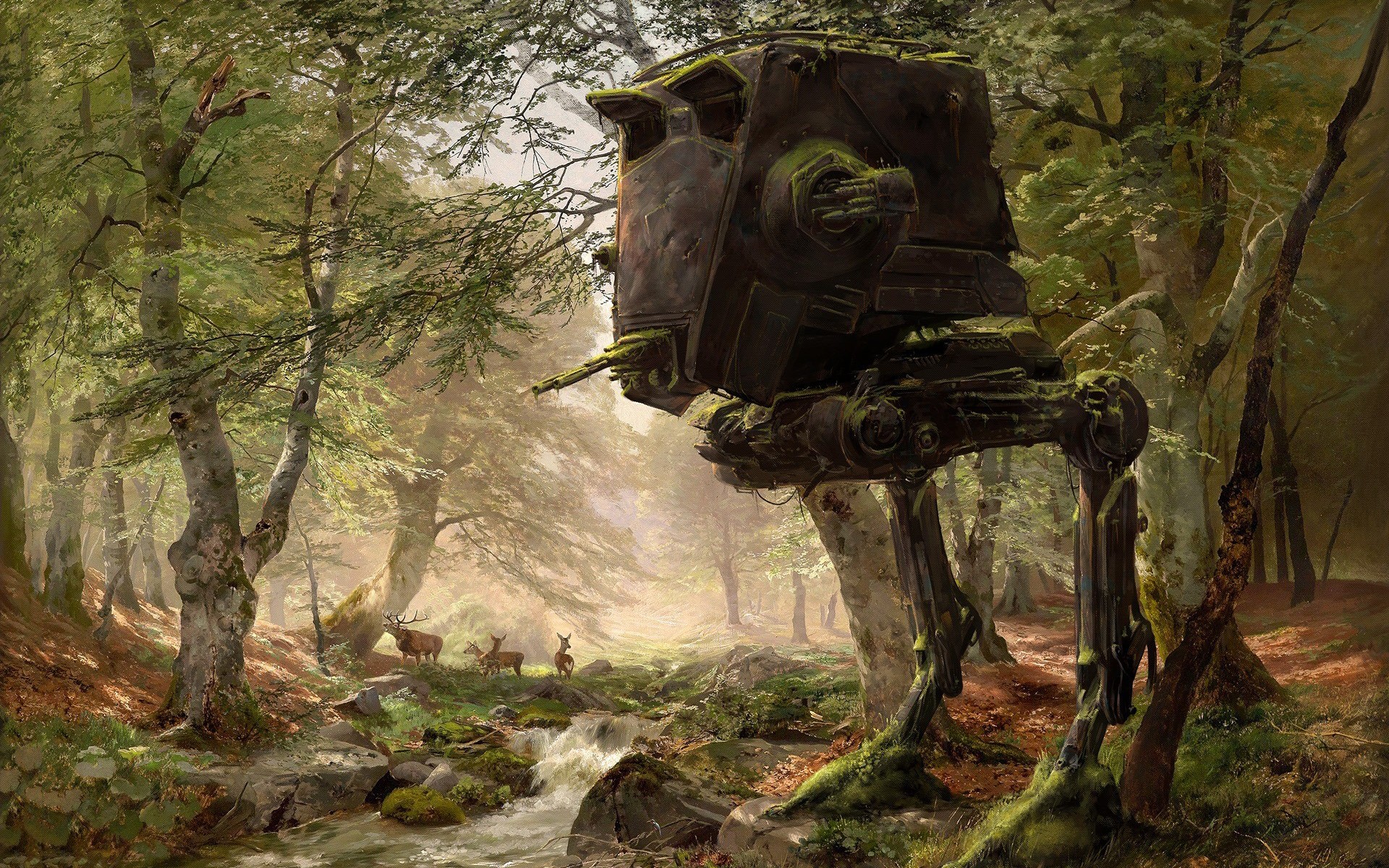 AT-ST Walker in a Forest with Deer HD Wallpaper