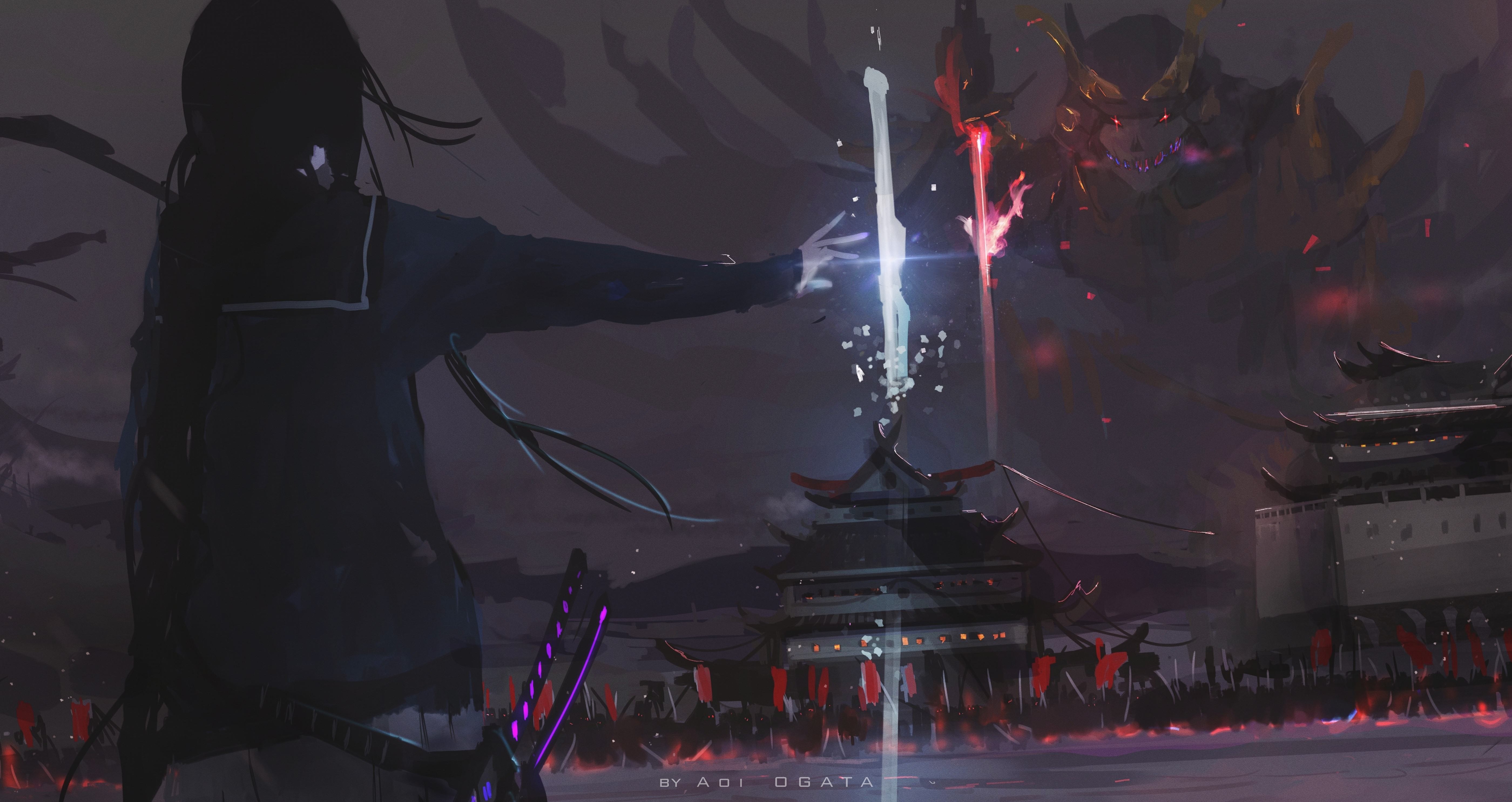 Girl with katana facing a demon near a Japanese castle HD Wallpaper