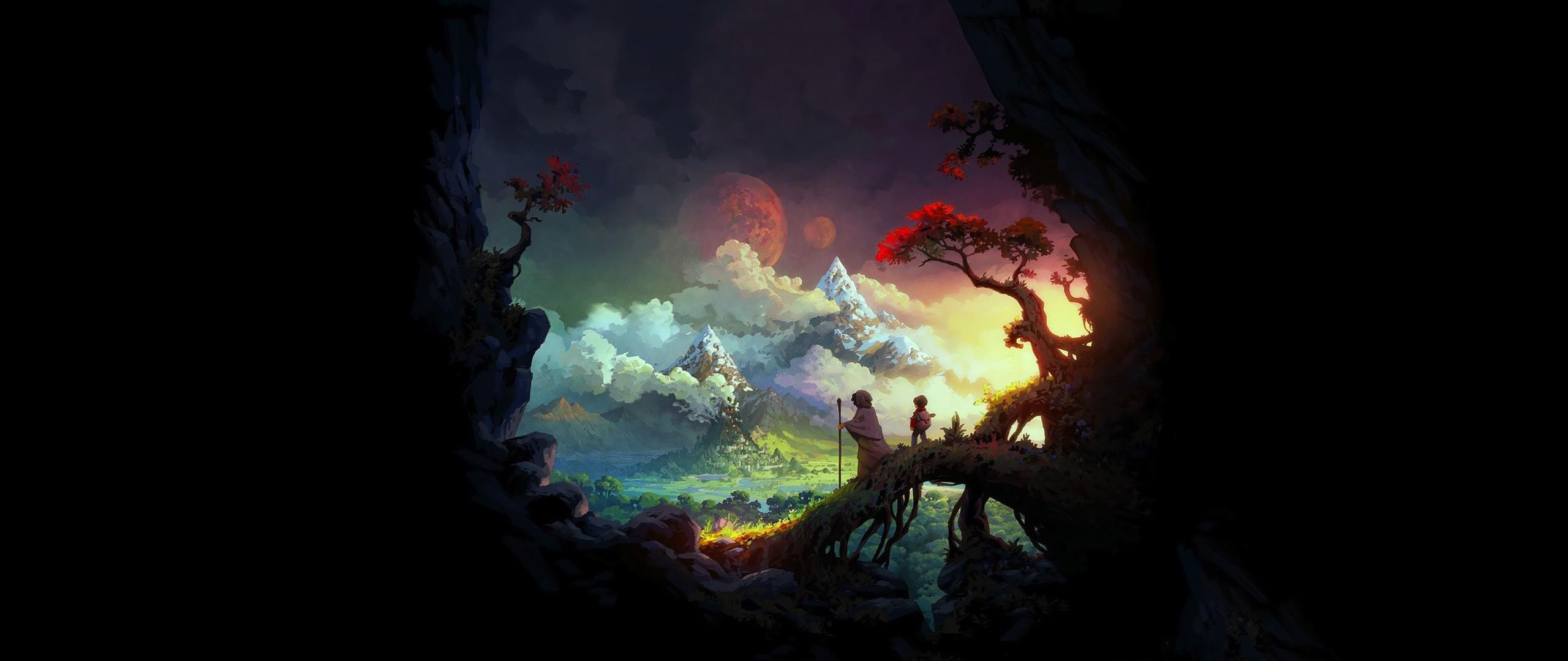 Fantasy landscape painting with two figures HD Wallpaper