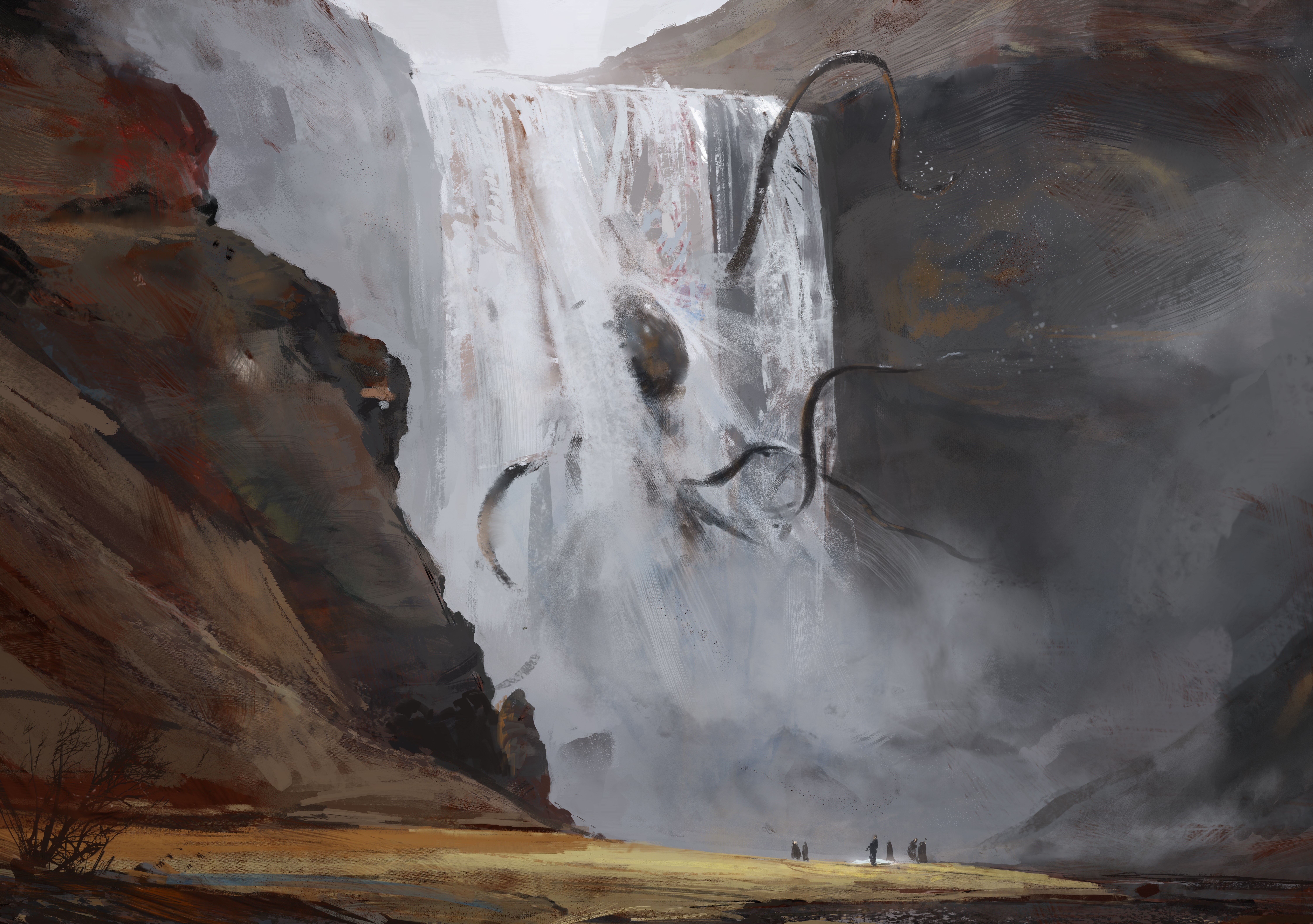 Creature emerging from a waterfall with people below HD Wallpaper