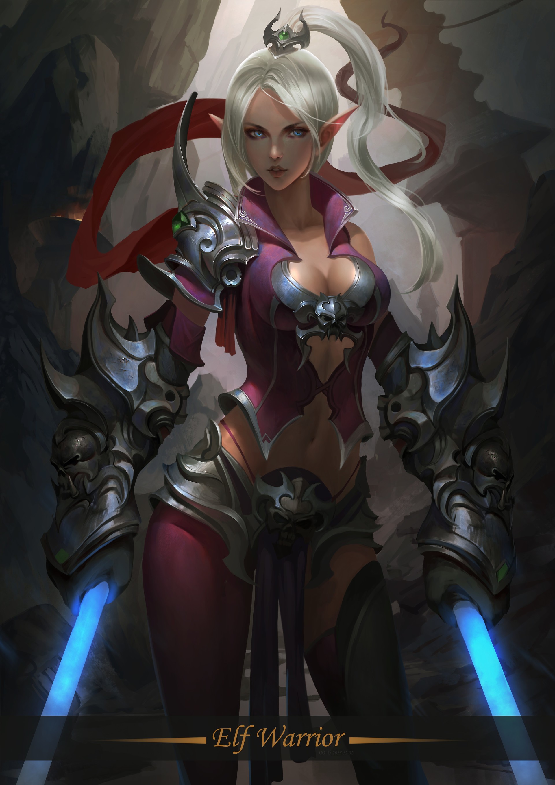 Elf warrior with glowing swords in a cave HD Wallpaper