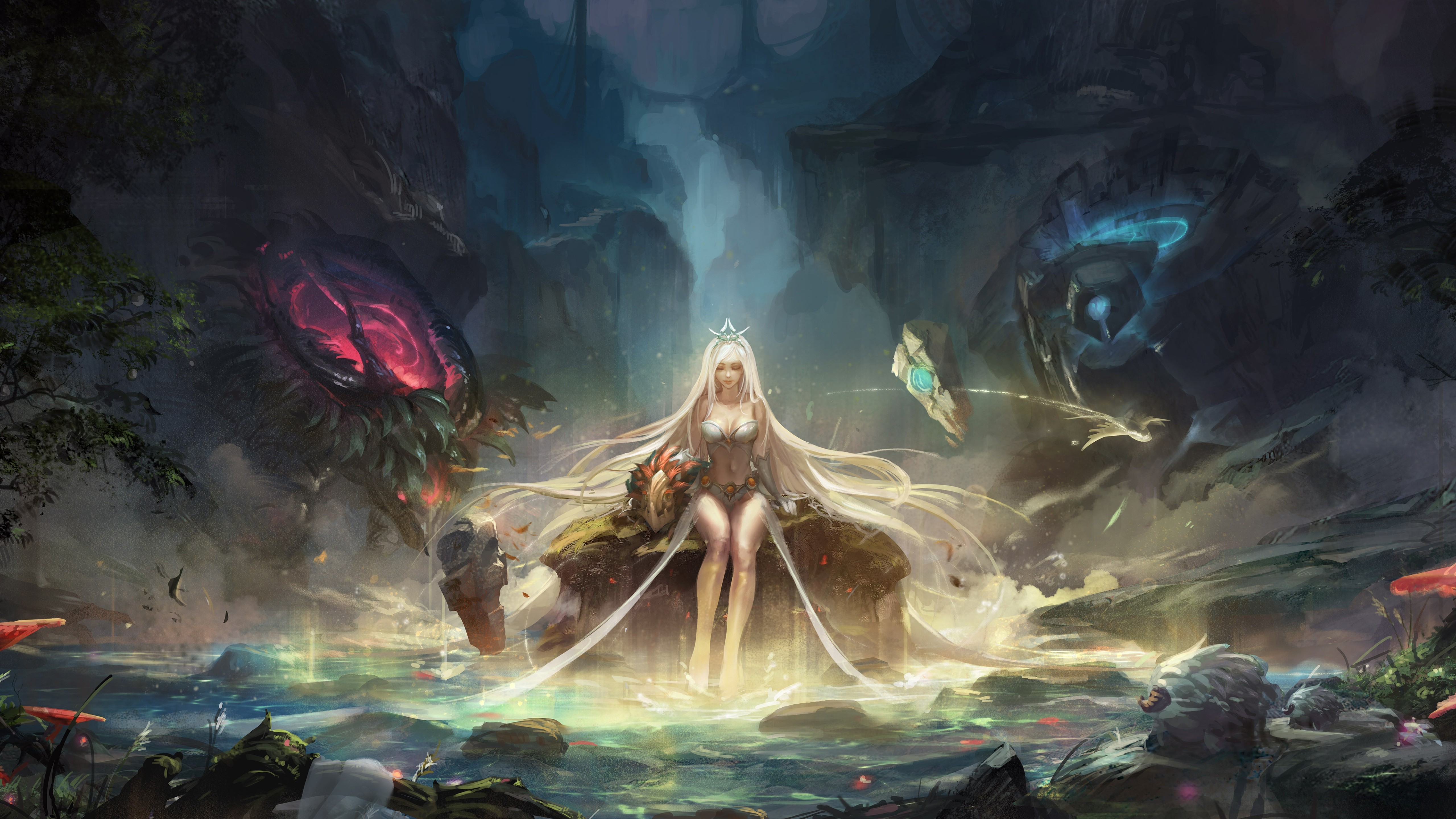 Fantasy Queen with Long White Hair in a Dark Pond HD Wallpaper