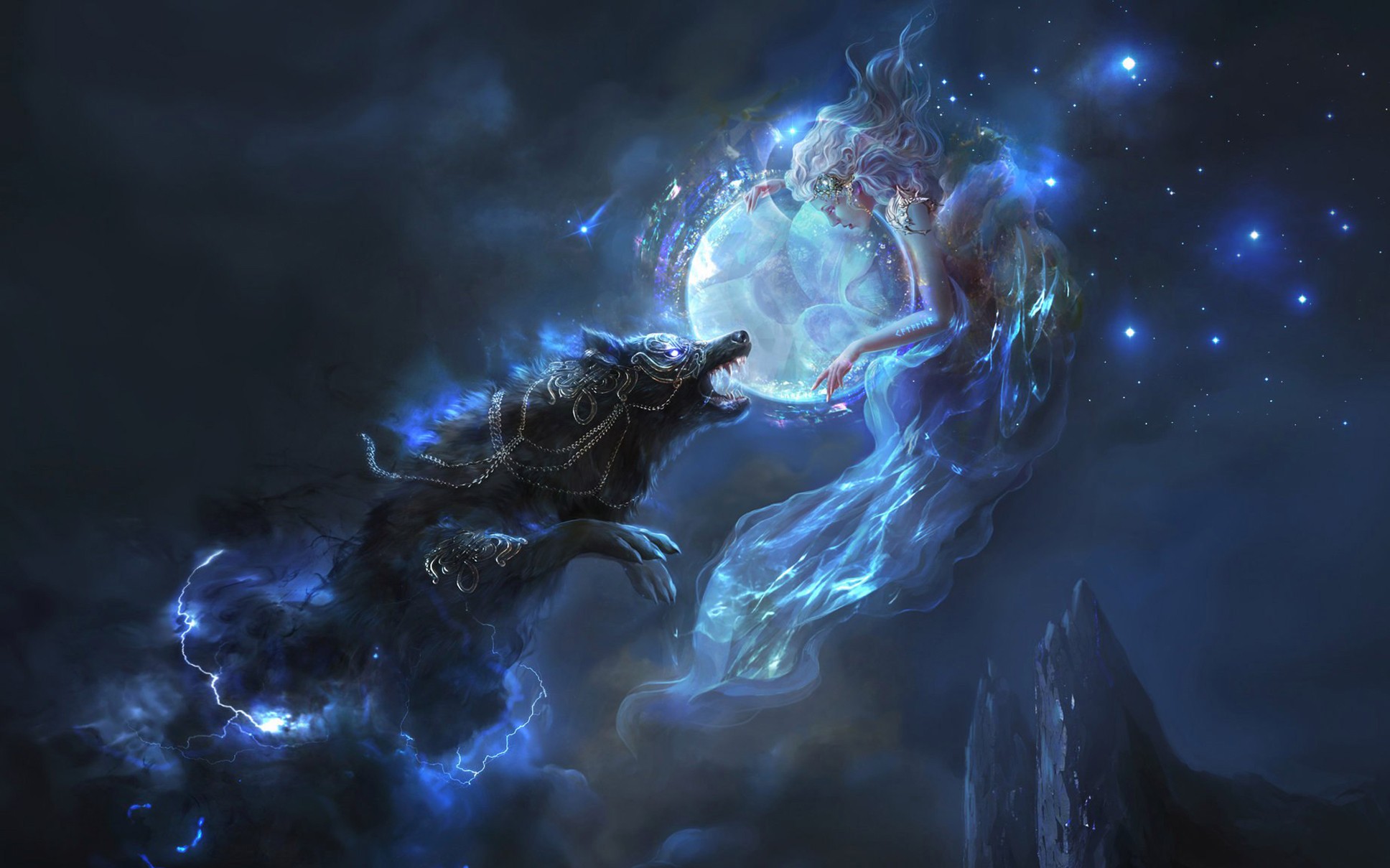 Mystical Wolf and Ethereal Woman Under Moonlight HD Wallpaper