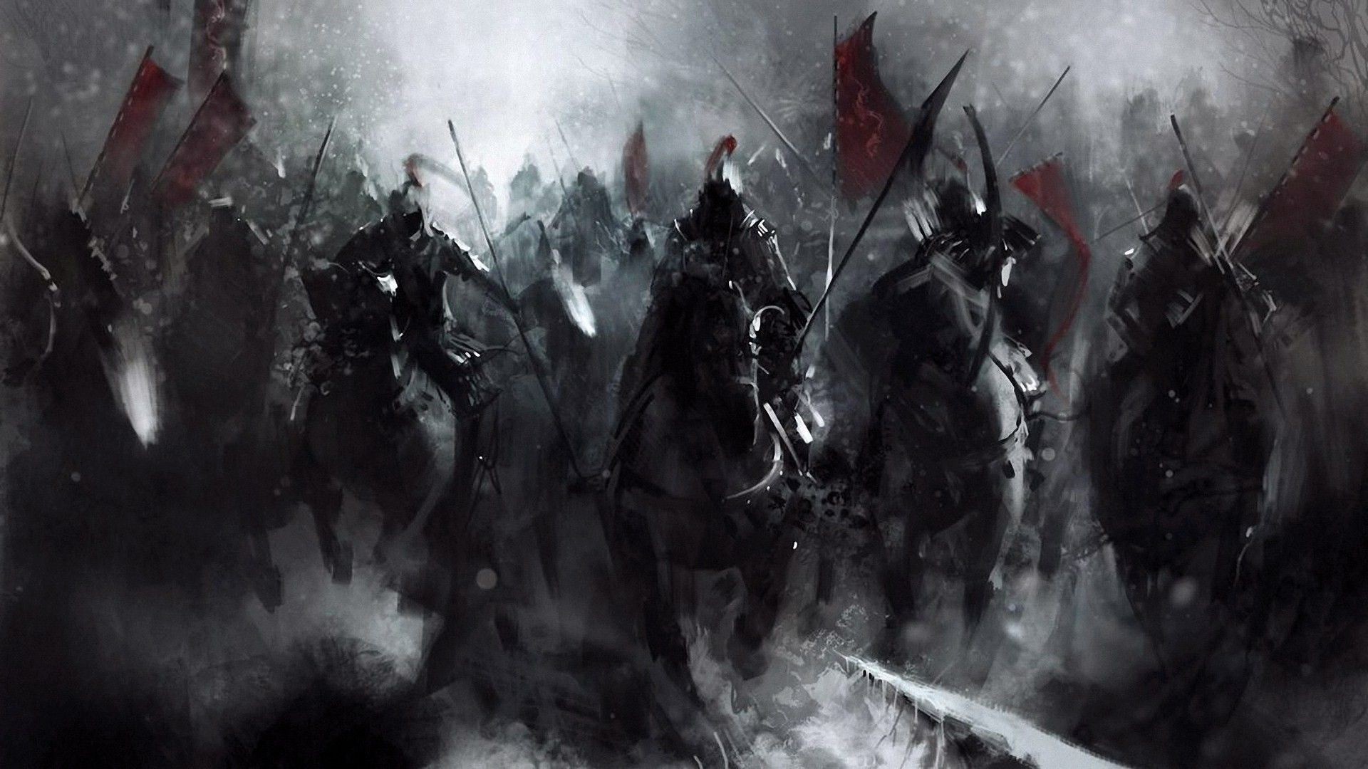 Dark fantasy warriors on horseback with red banners HD Wallpaper