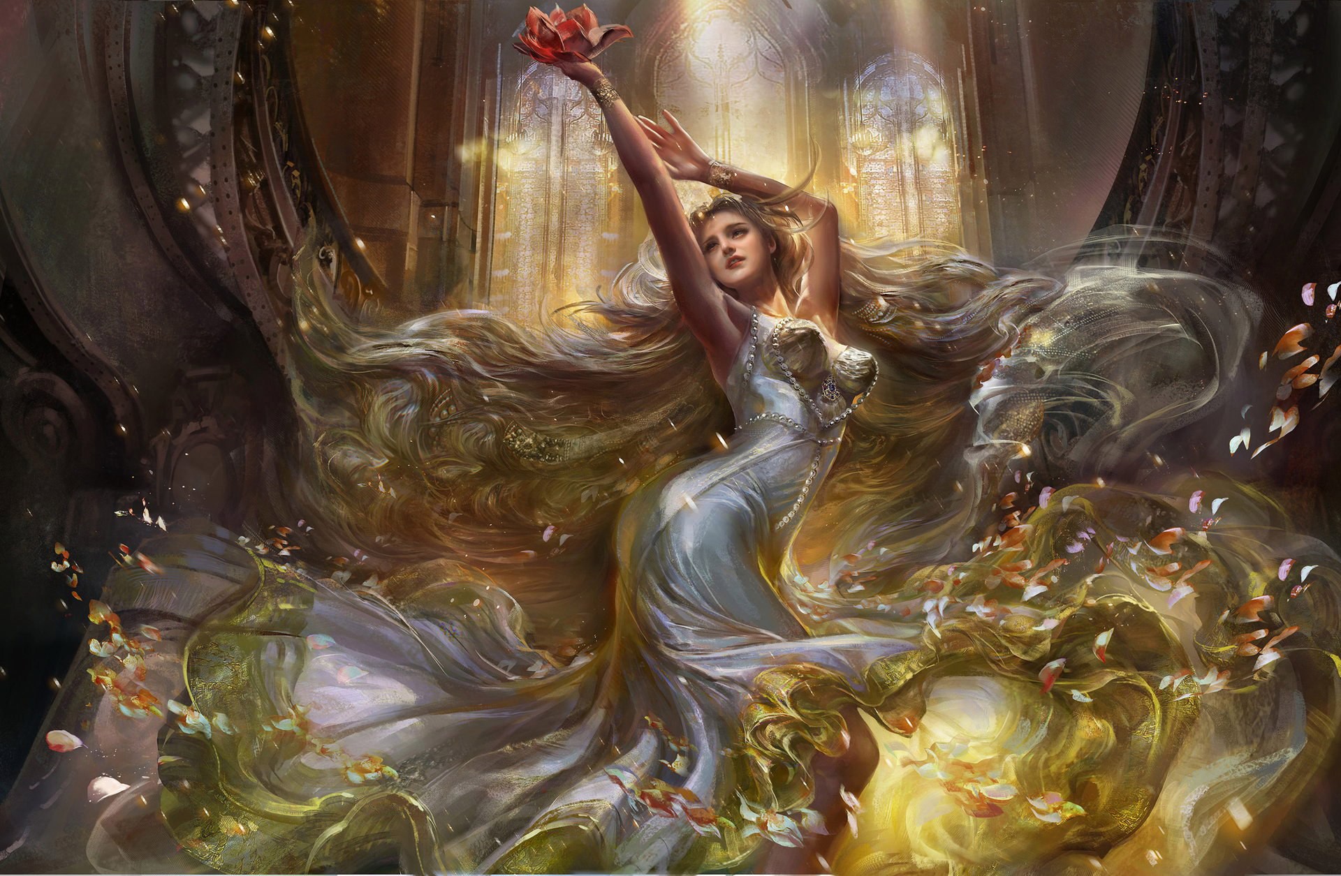 Fantasy woman with long hair holding a flower HD Wallpaper