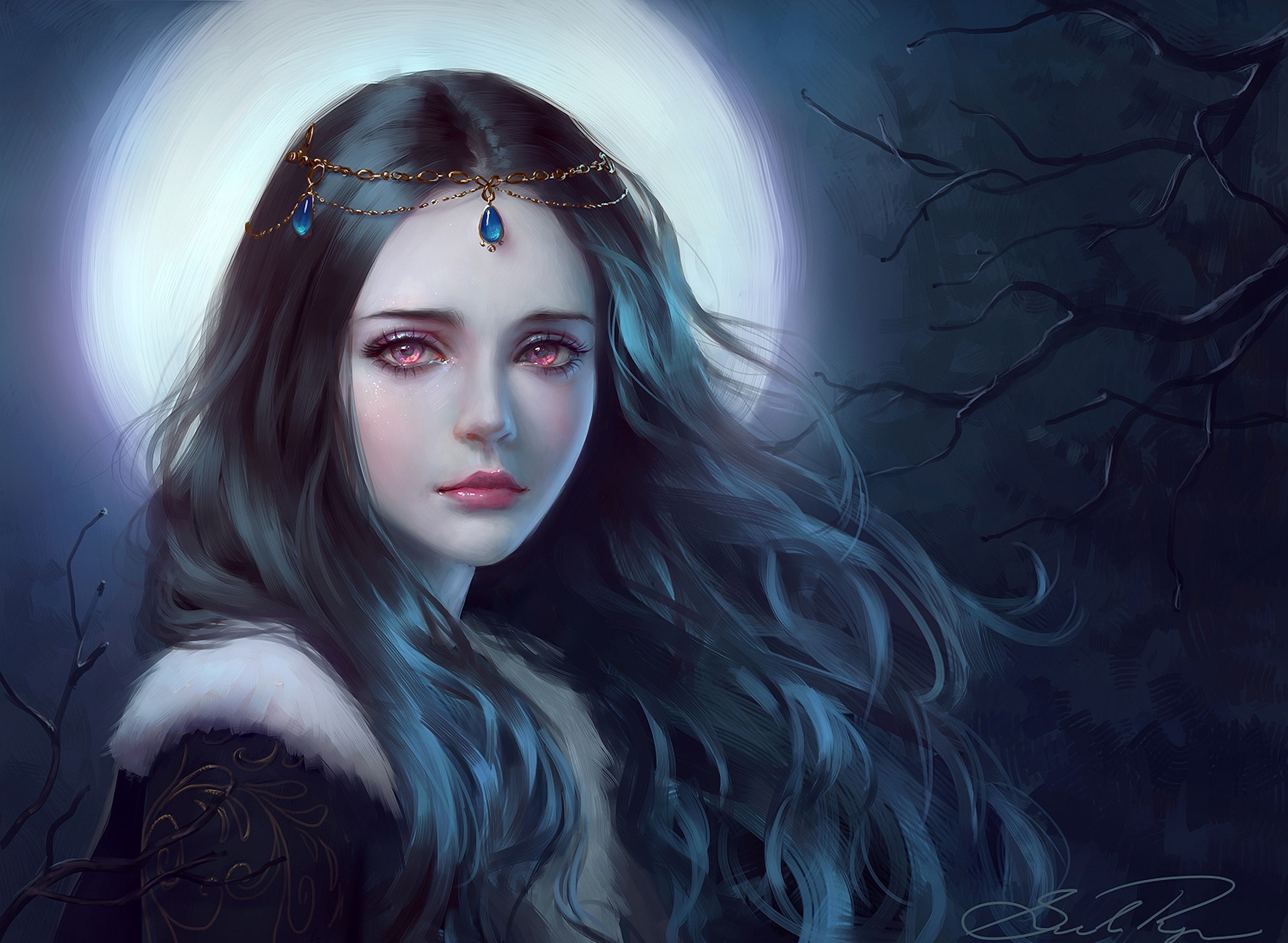 Fantasy art of a woman with pink eyes under the moon HD Wallpaper