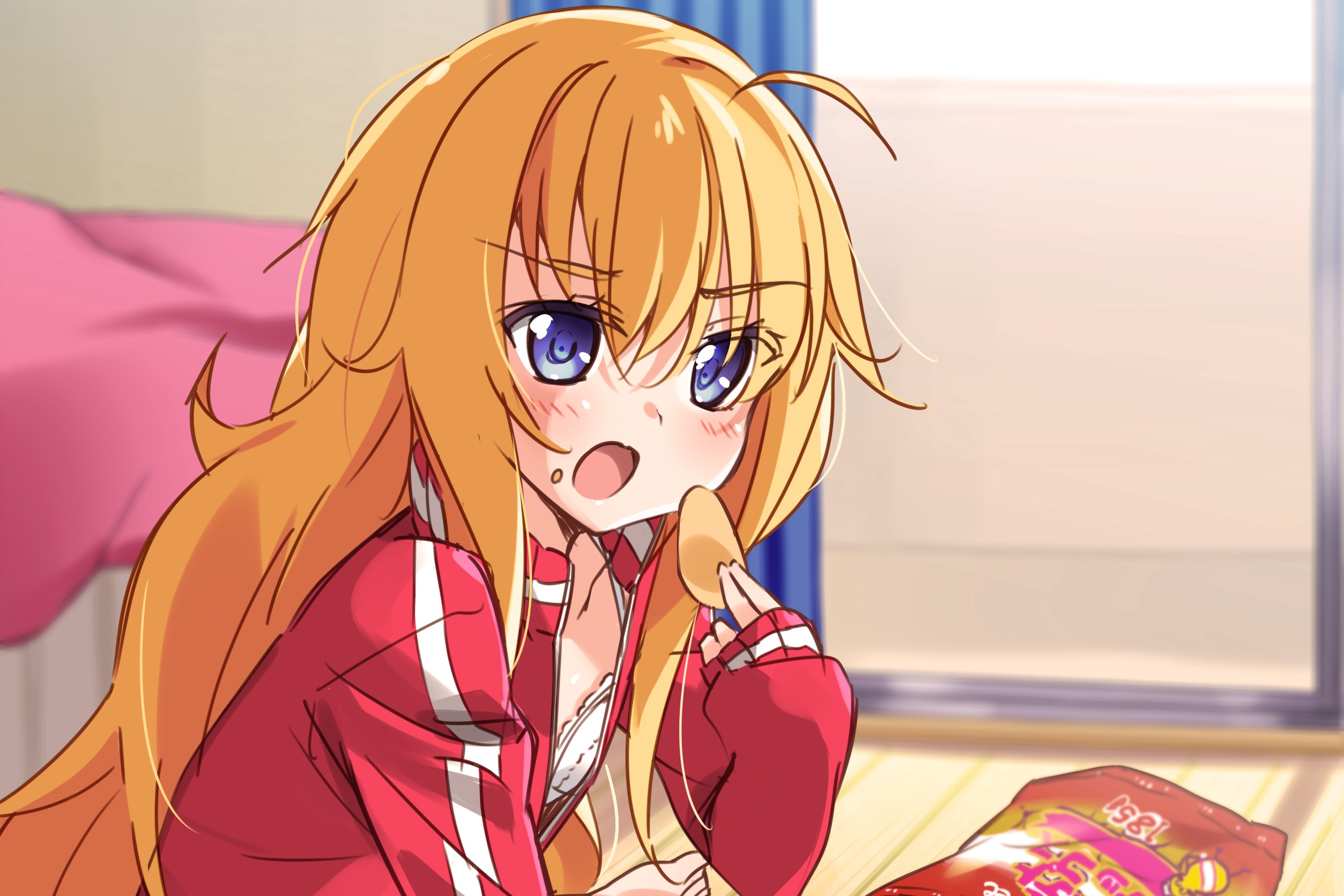 Anime girl eating chips HD Wallpaper