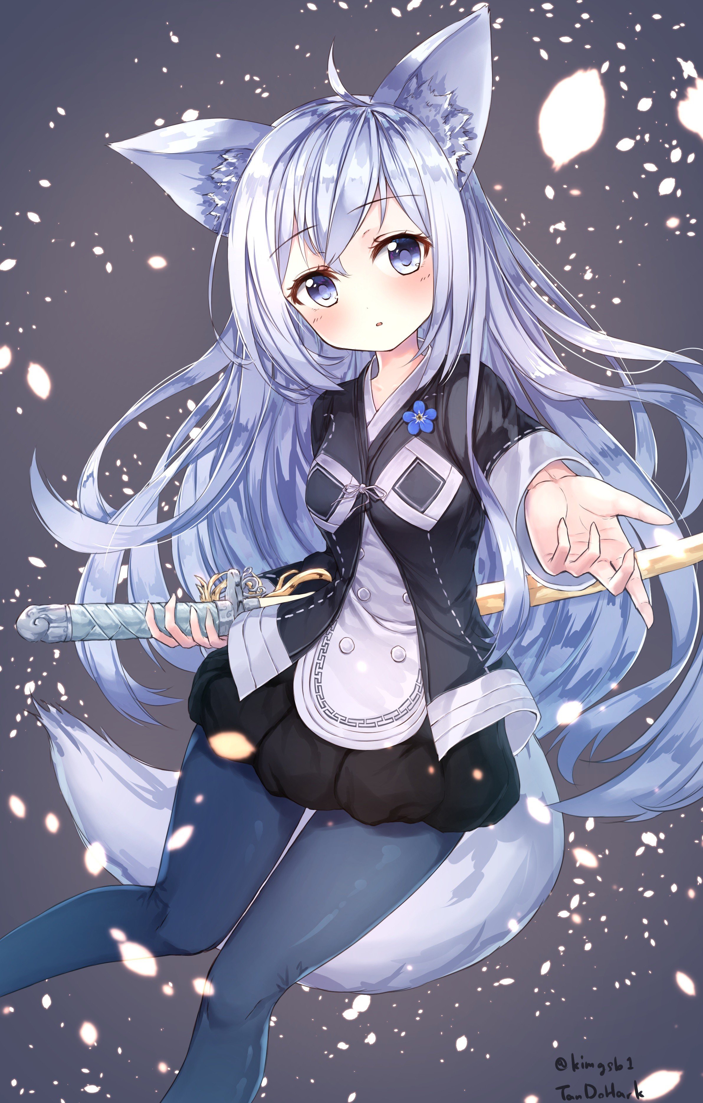 Anime girl with fox ears and tail holding a sword HD Wallpaper