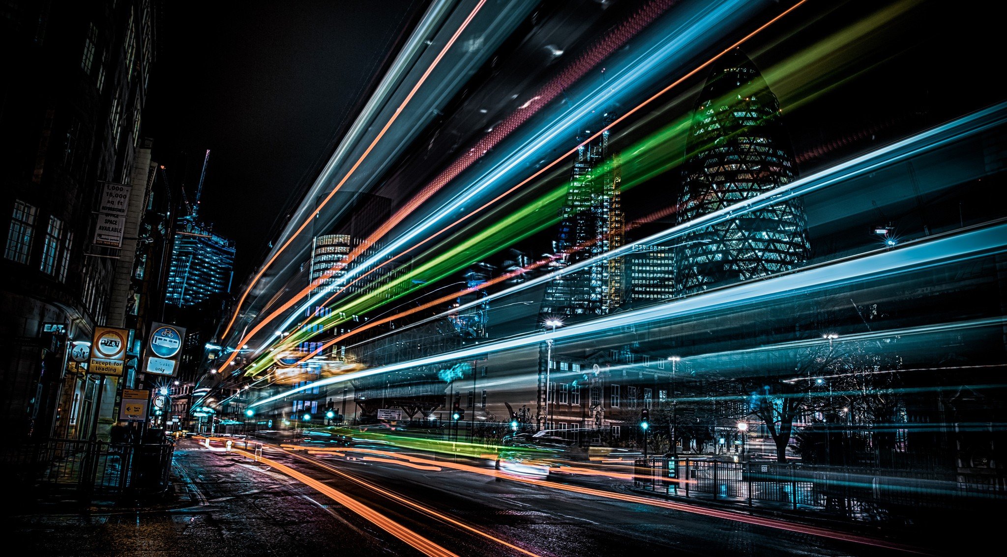 Light trails on a London street at night HD Wallpaper