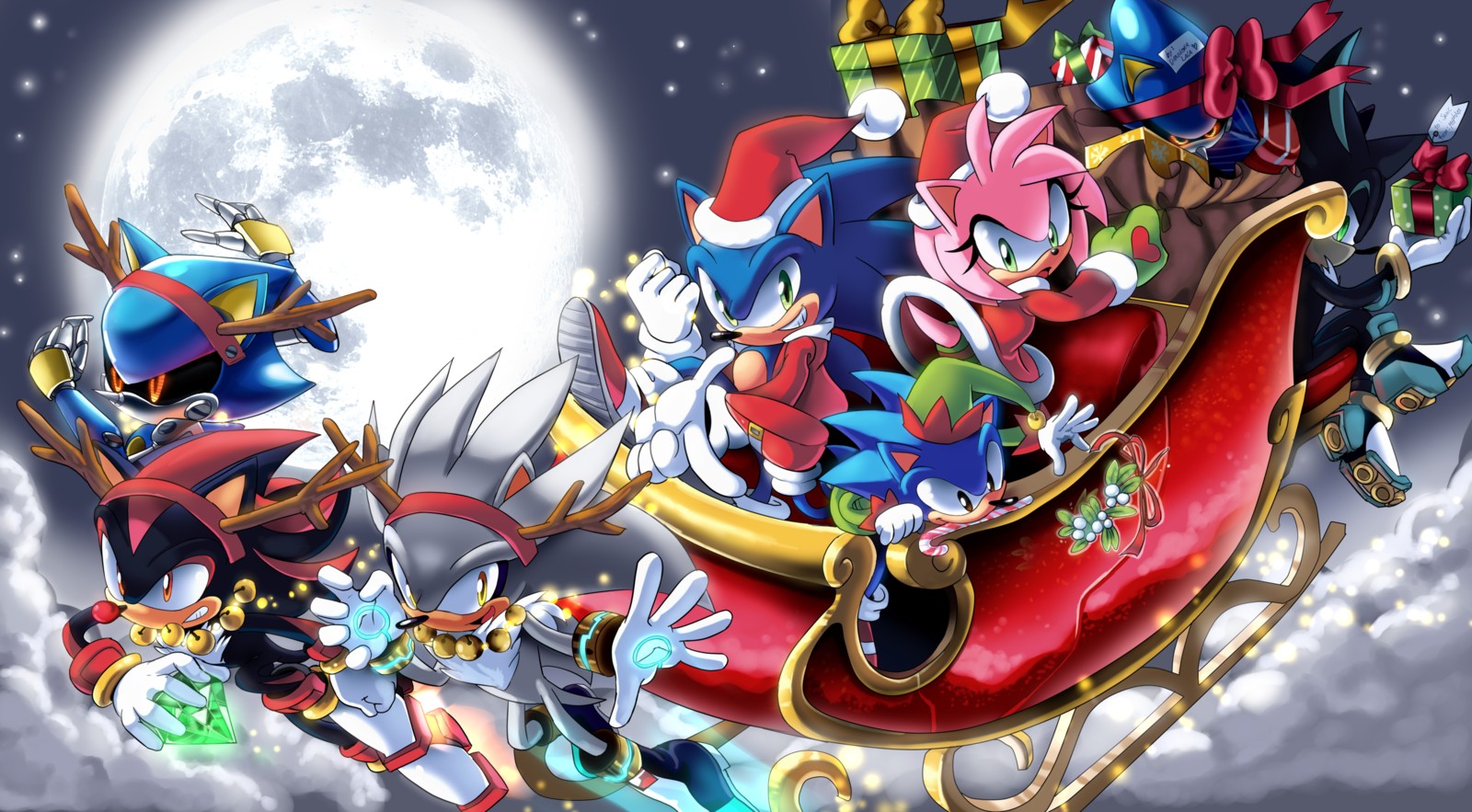 Sonic Characters Celebrating Christmas in Sleigh HD Wallpaper
