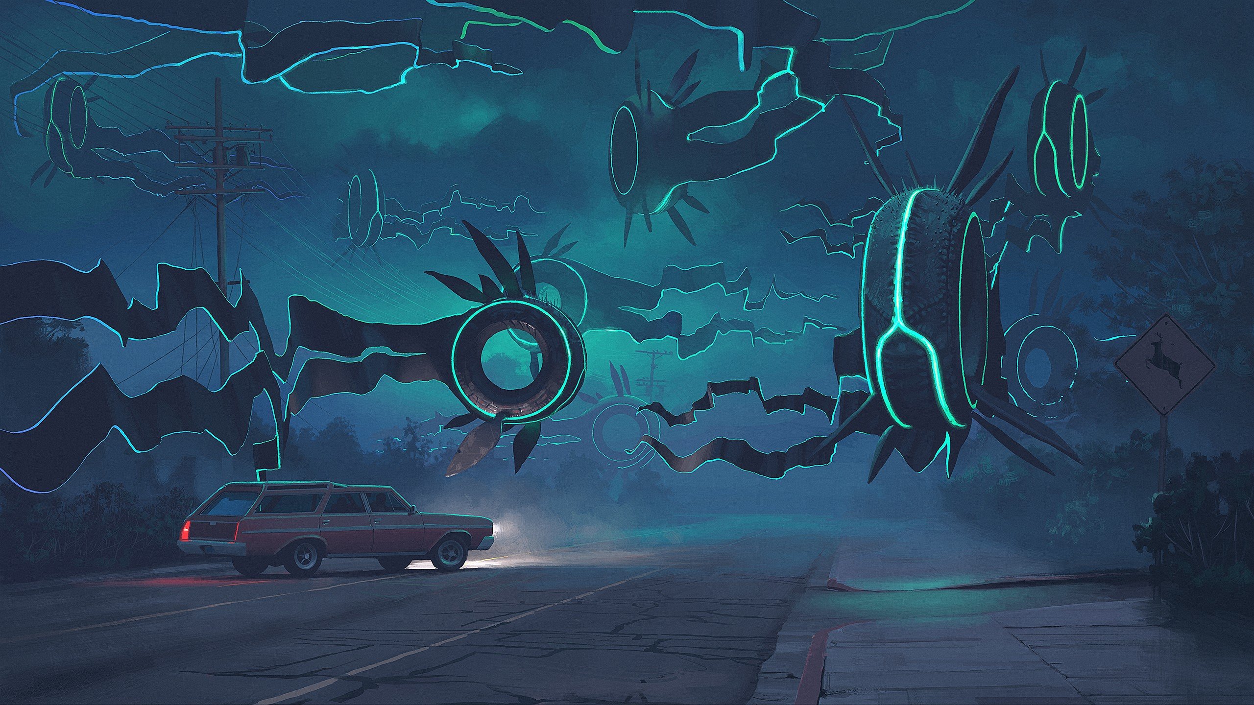 Alien machines hover over a road with a station wagon HD Wallpaper