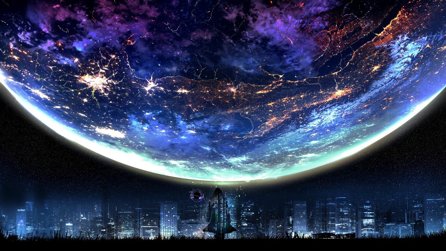 Earth from space over a futuristic city HD Wallpaper