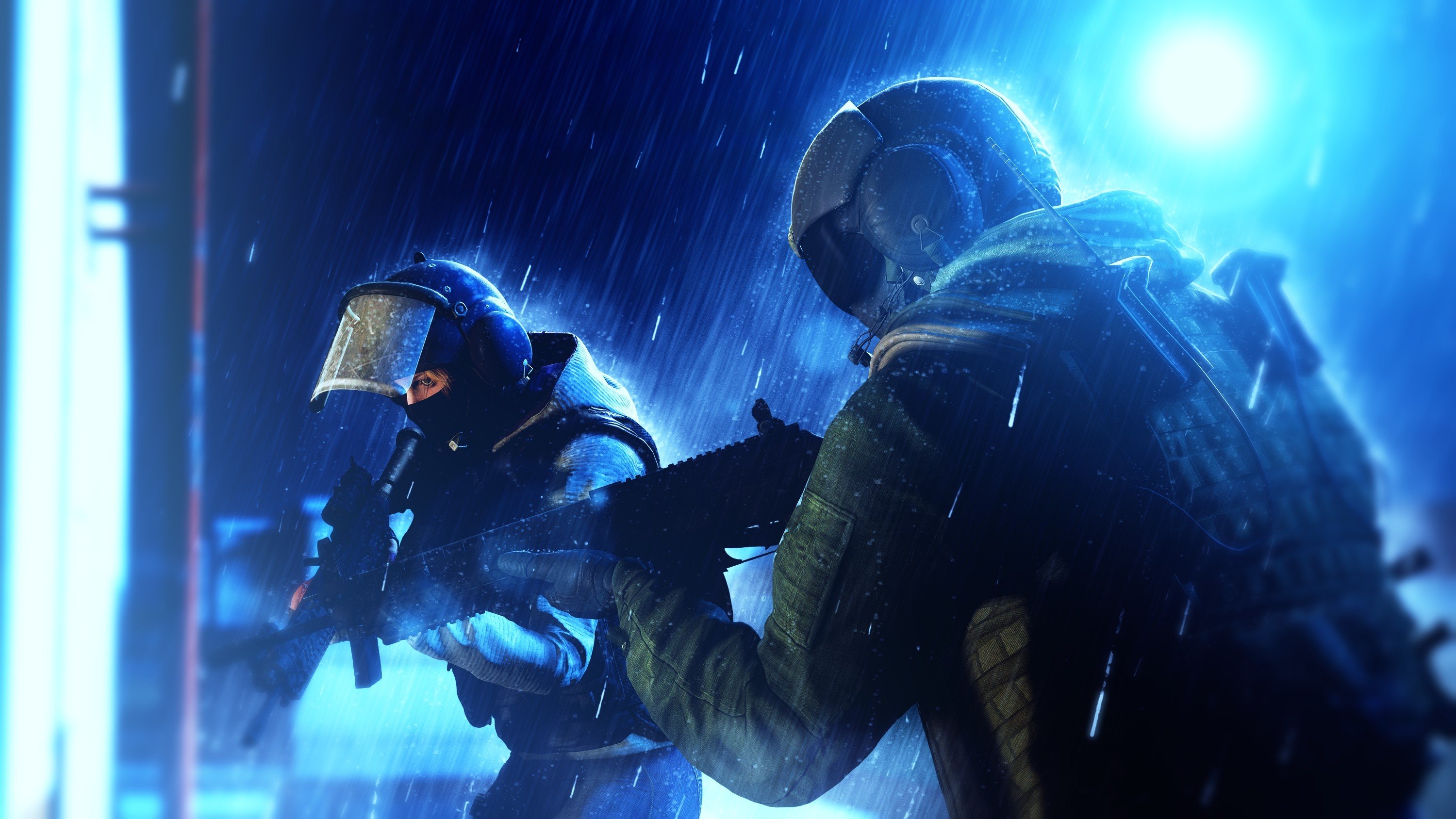 Two SWAT officers in the rain from Rainbow Six Siege HD Wallpaper