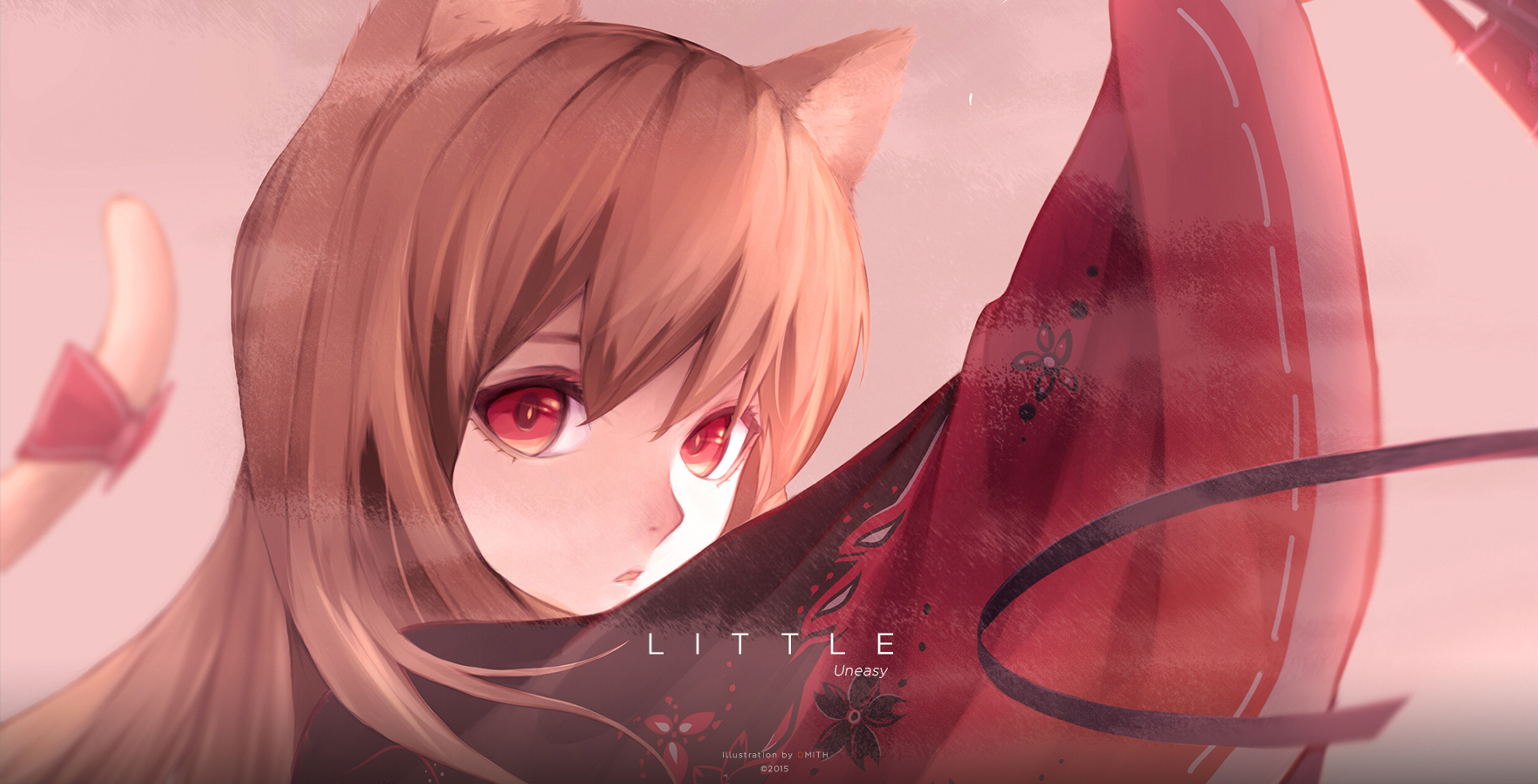 Anime girl with cat ears and red eyes in a red kimono HD Wallpaper