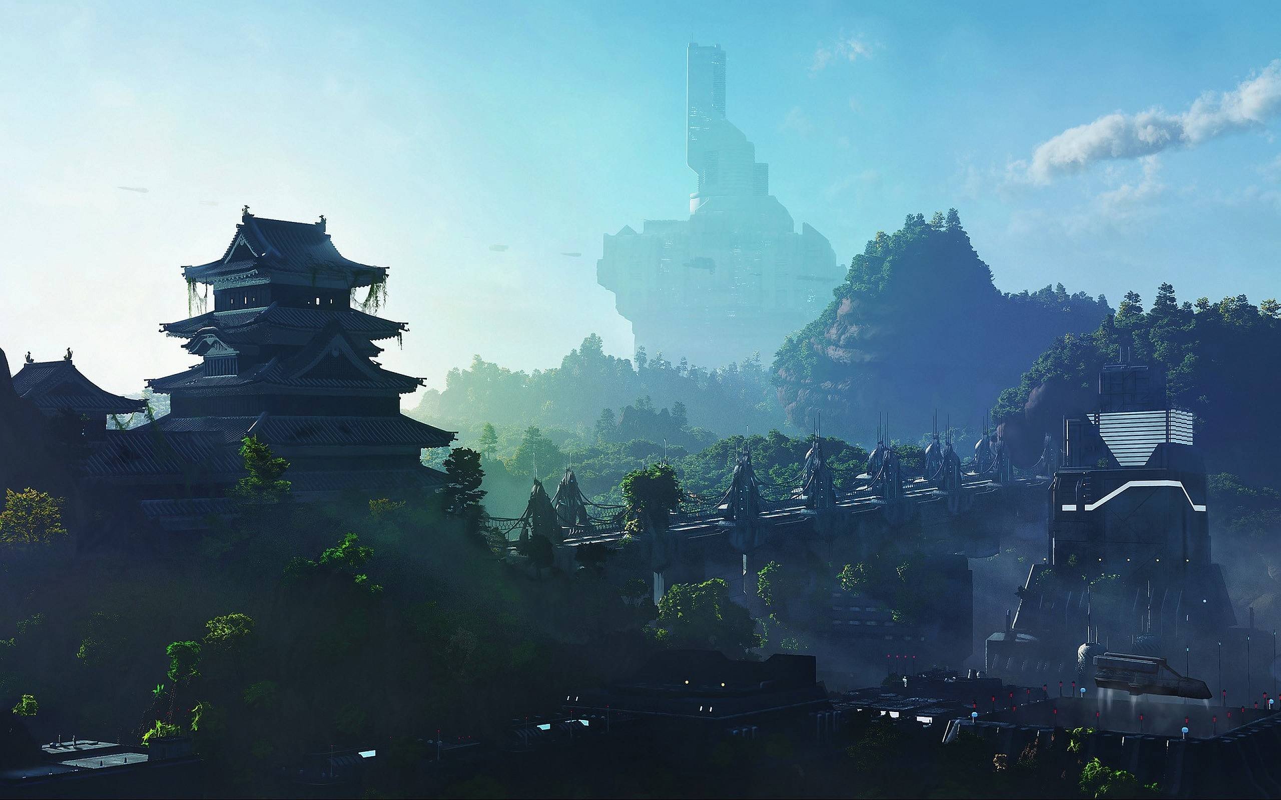 Futuristic city with ancient temple and mountains HD Wallpaper