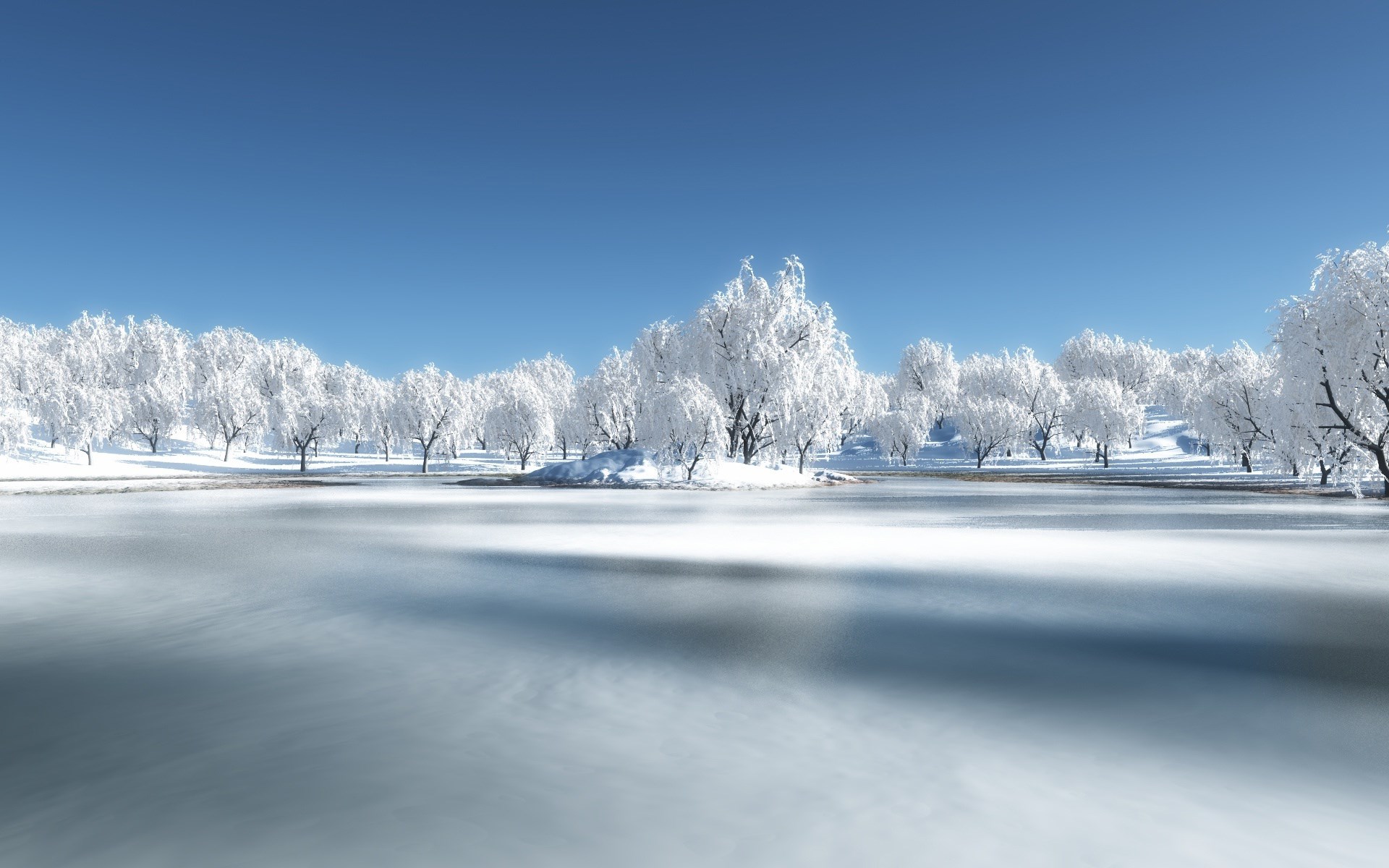 Winter landscape with frozen lake and snow-covered trees HD Wallpaper