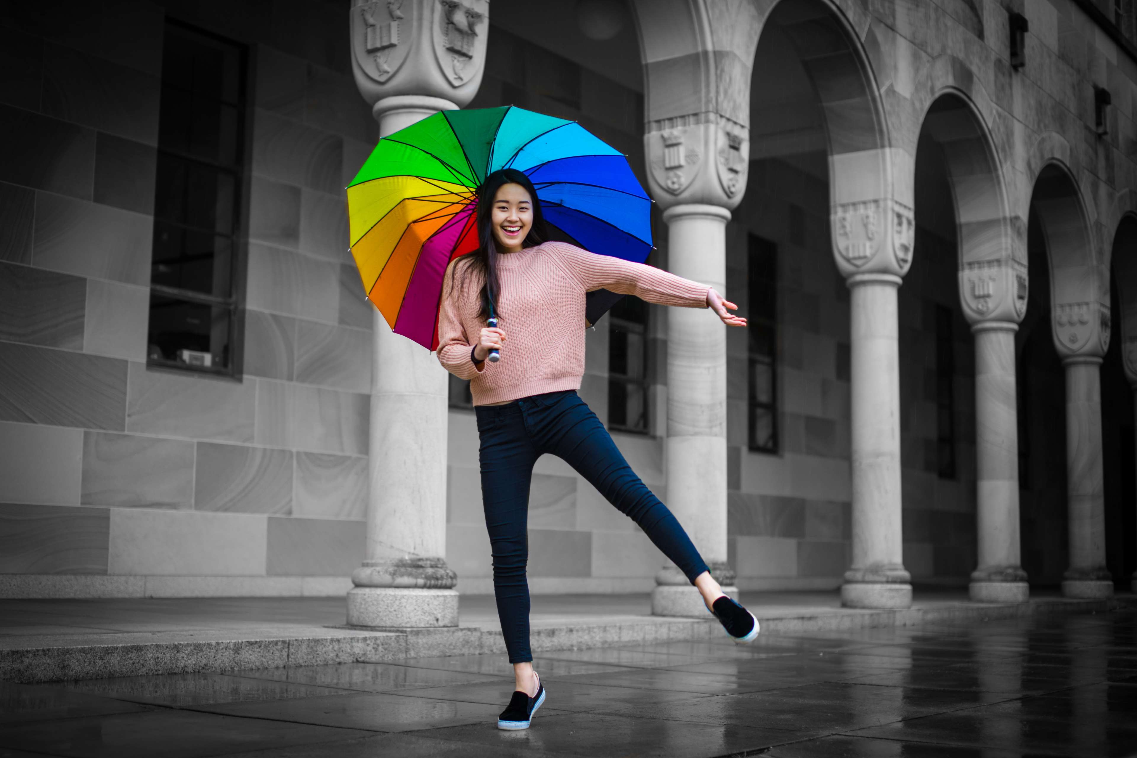 Girl with a rainbow umbrella in black and white HD Wallpaper