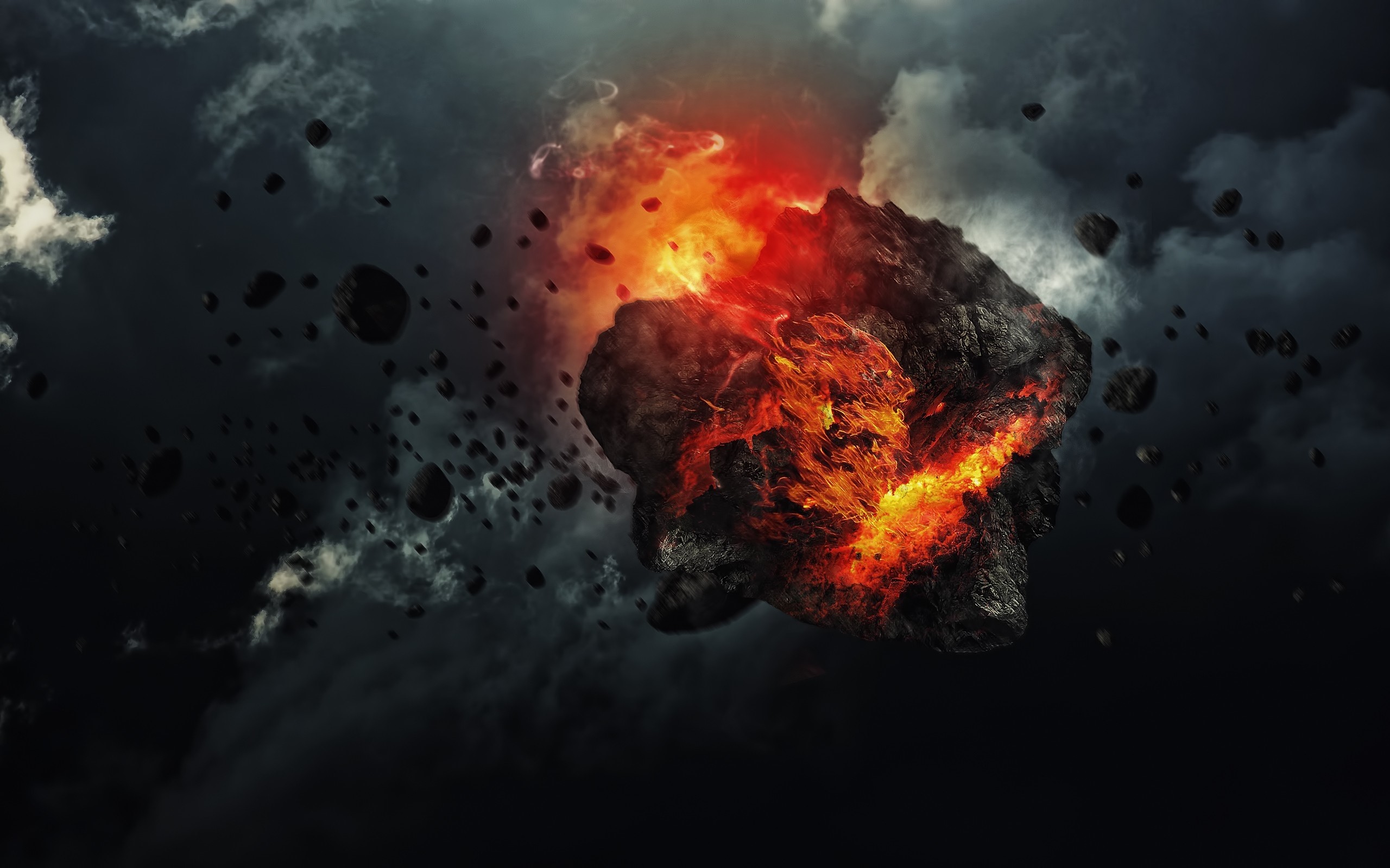 Asteroid explosion in dark cloudy sky HD Wallpaper