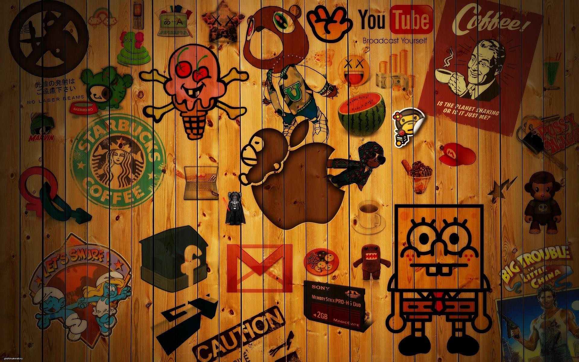 Kanye Bear, Apple logo, and various stickers on wood HD Wallpaper