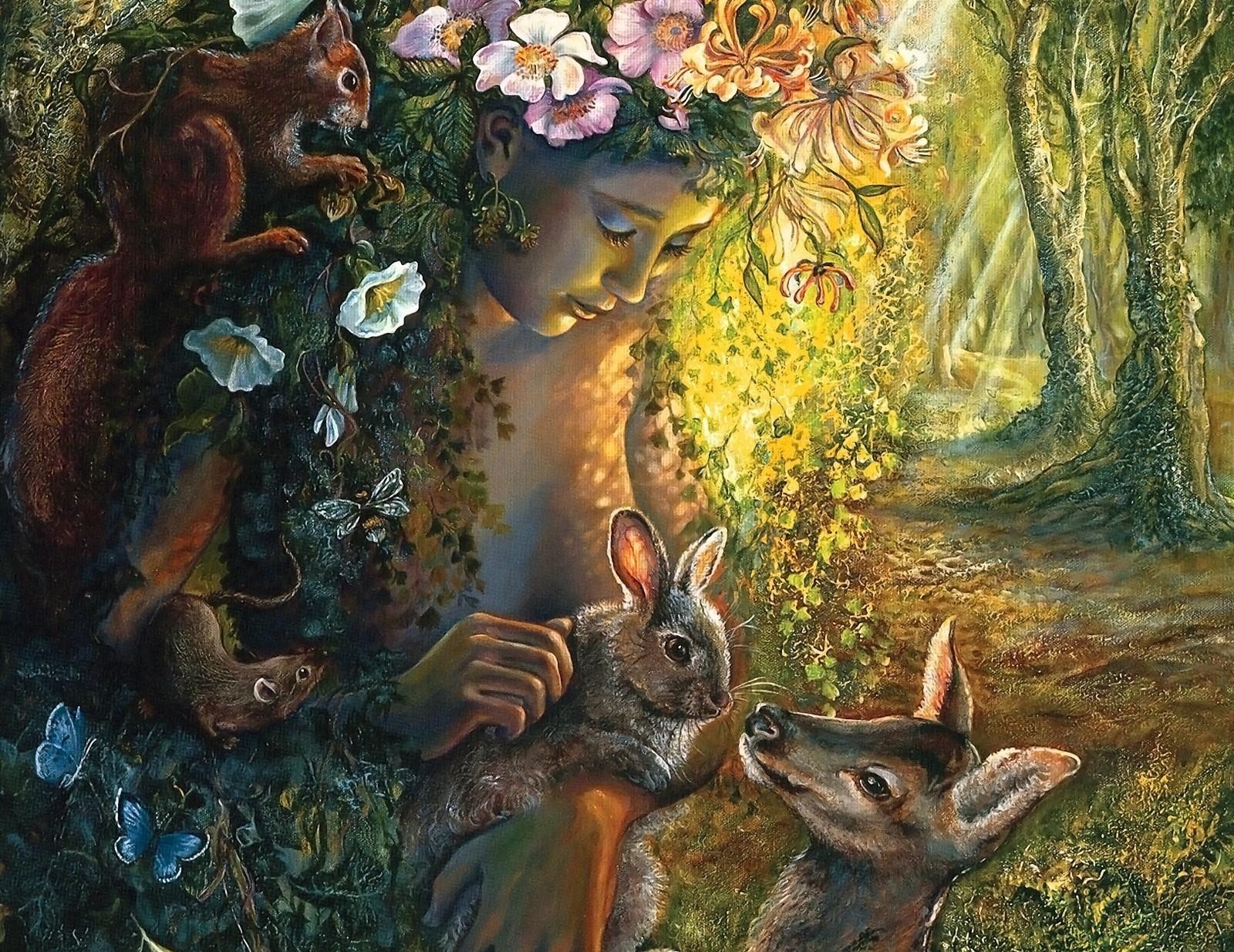 Woman with flowers and forest animals HD Wallpaper