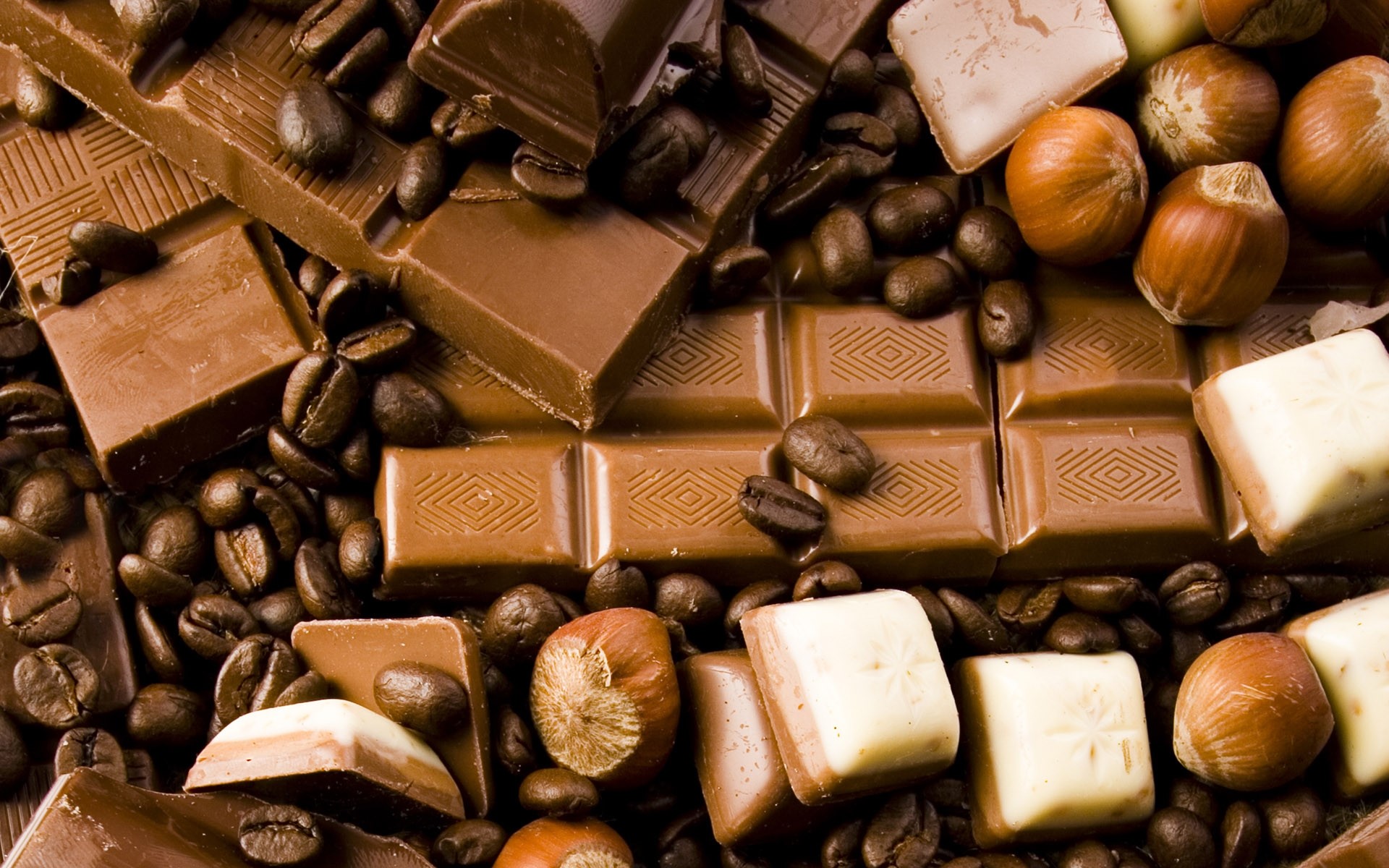 Chocolate bars, coffee beans, and hazelnuts HD Wallpaper