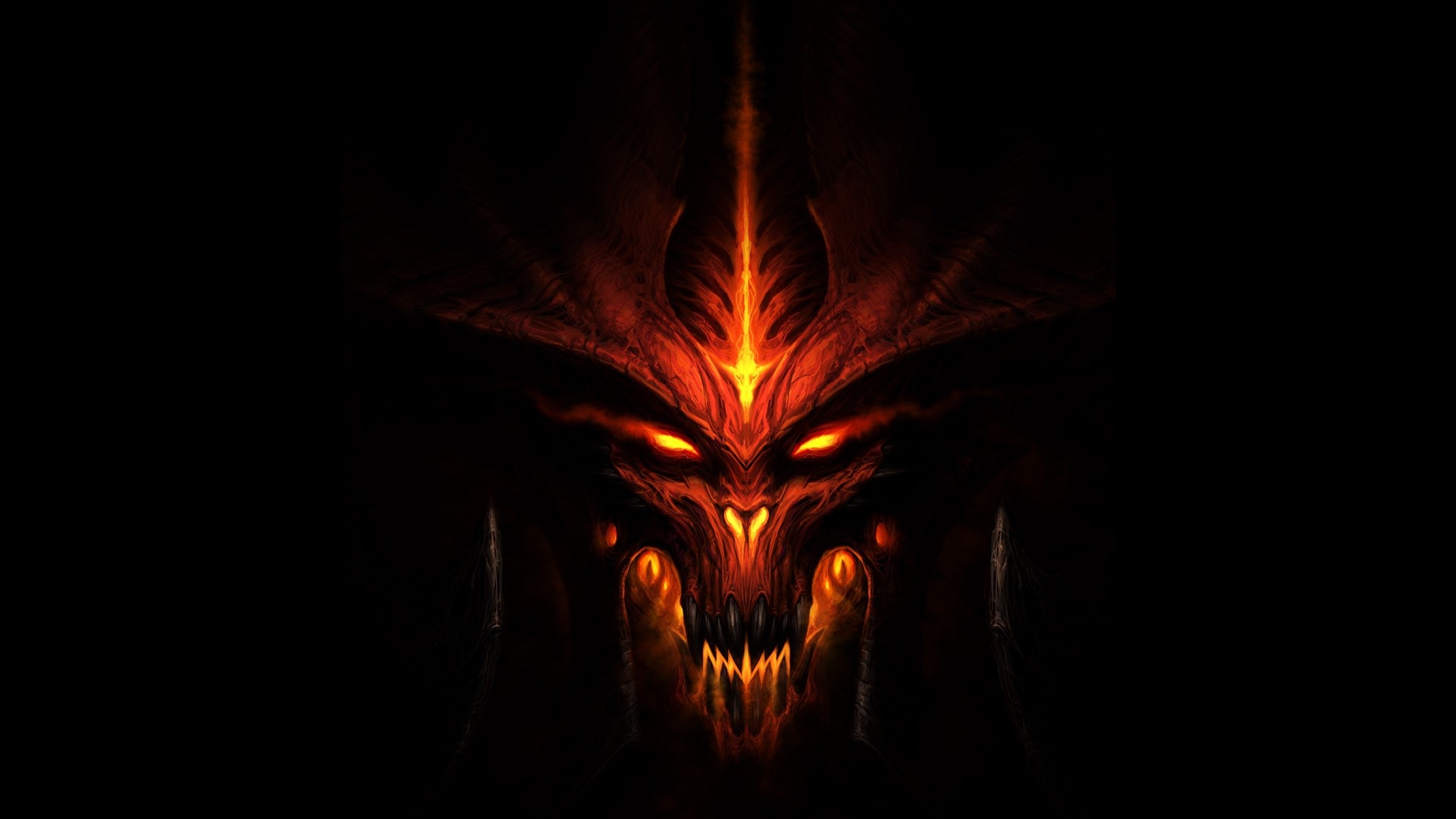 Diablo face with glowing eyes HD Wallpaper