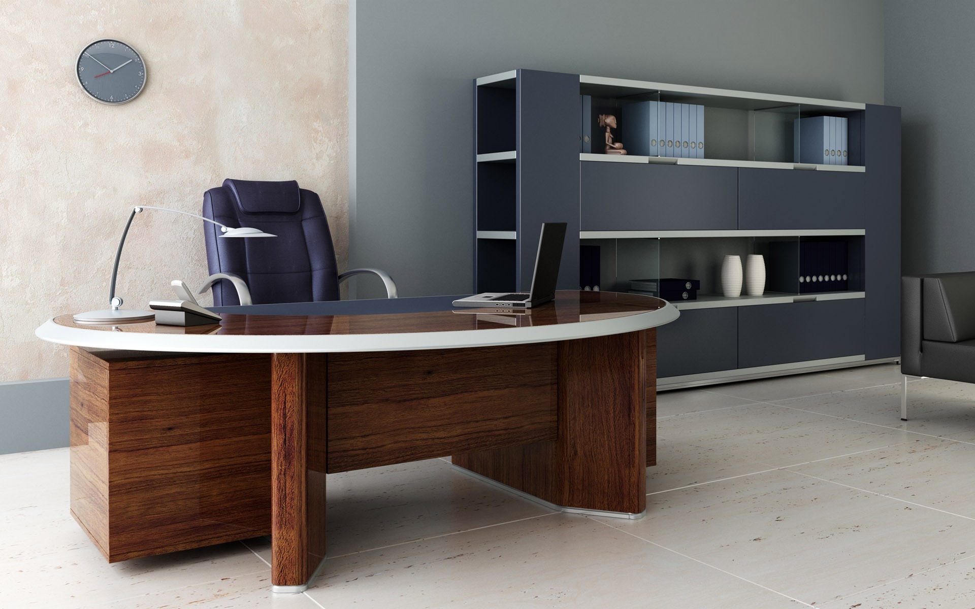 Modern office with desk, chair, and shelves HD Wallpaper