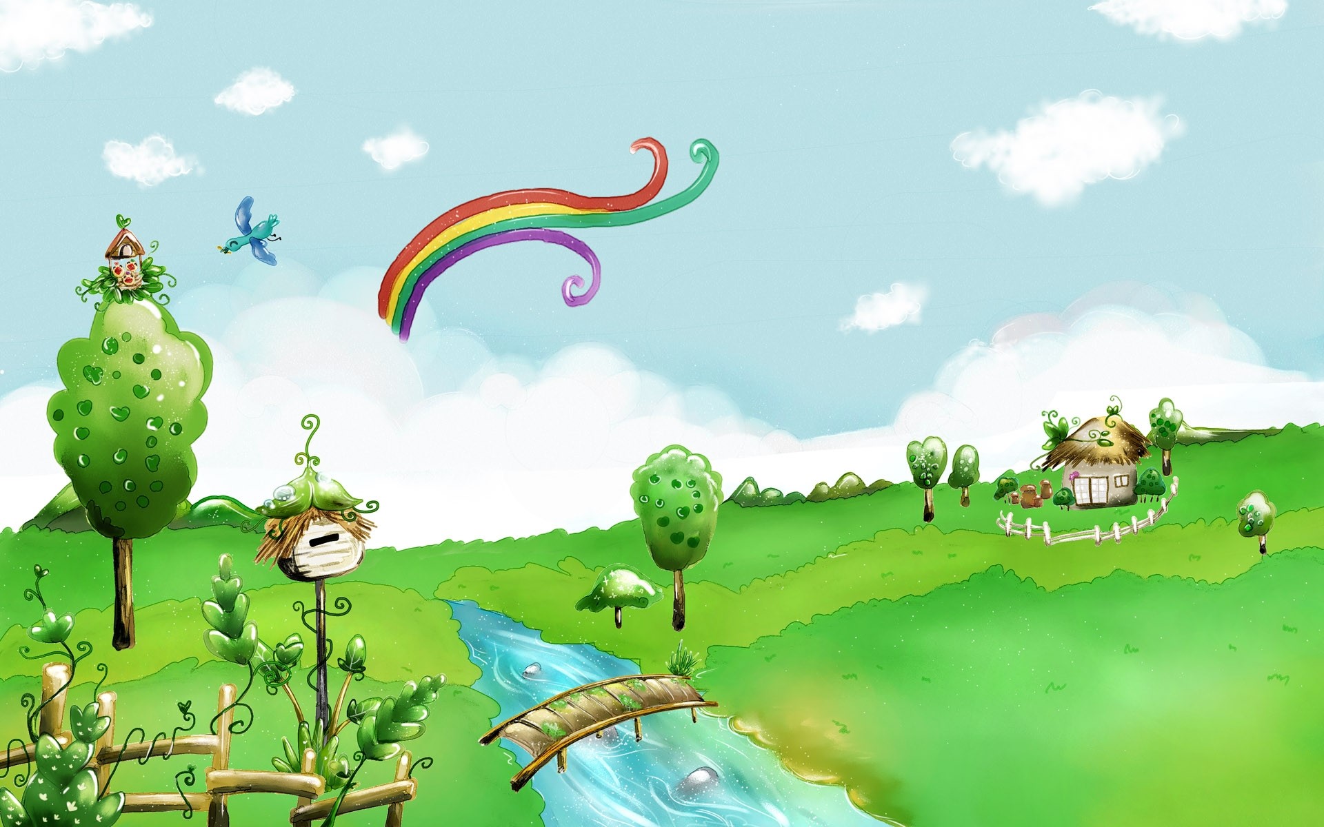 Cartoon village with river and rainbow HD Wallpaper