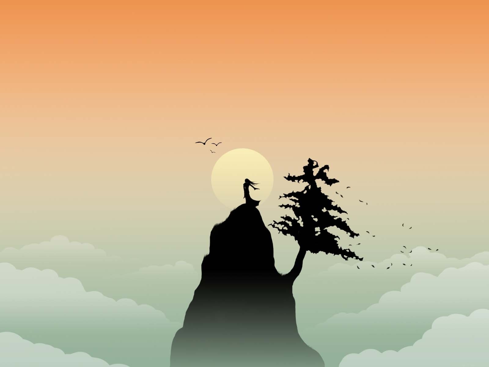Silhouette of a person on a cliff with a tree HD Wallpaper