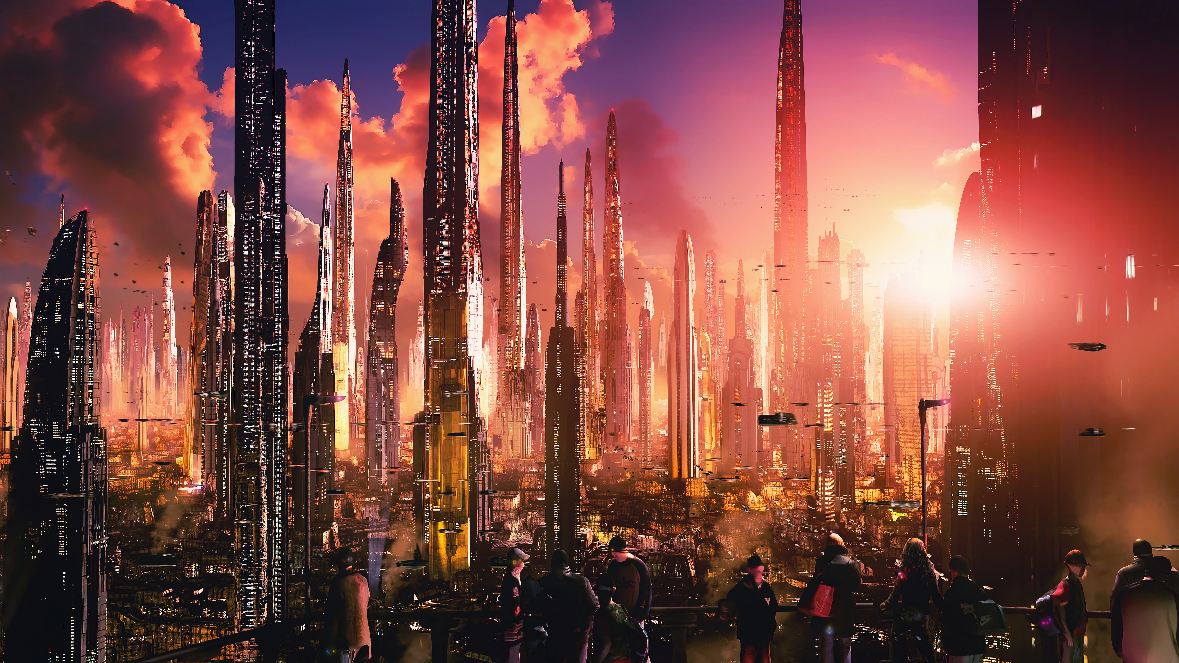 Futuristic city skyline at sunset with flying vehicles HD Wallpaper