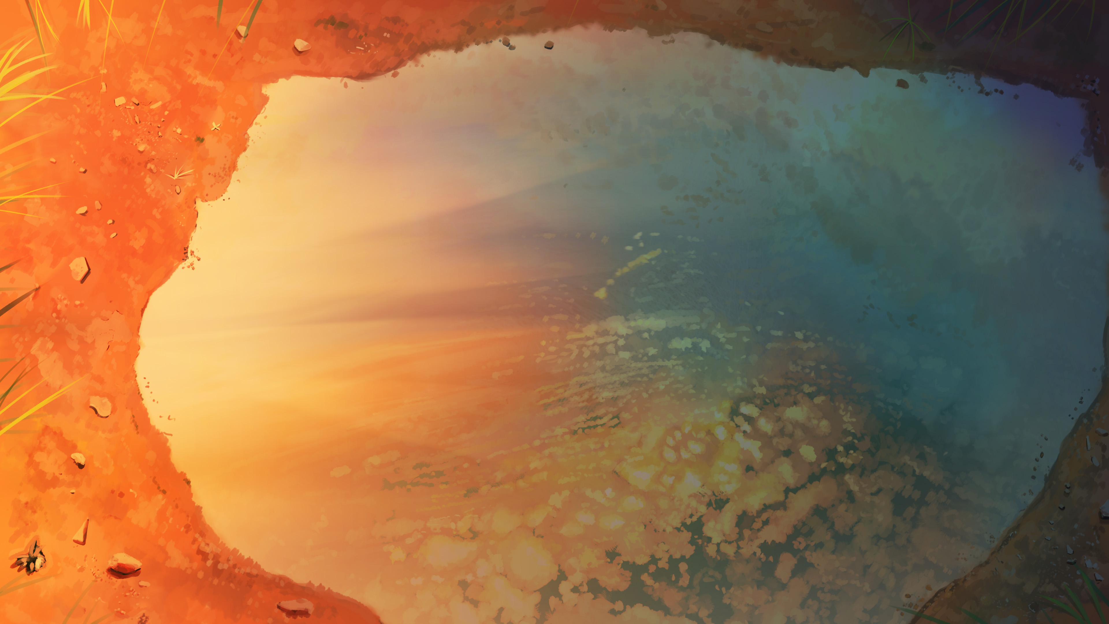 Puddle reflecting sunset on orange dirt HD Wallpaper
