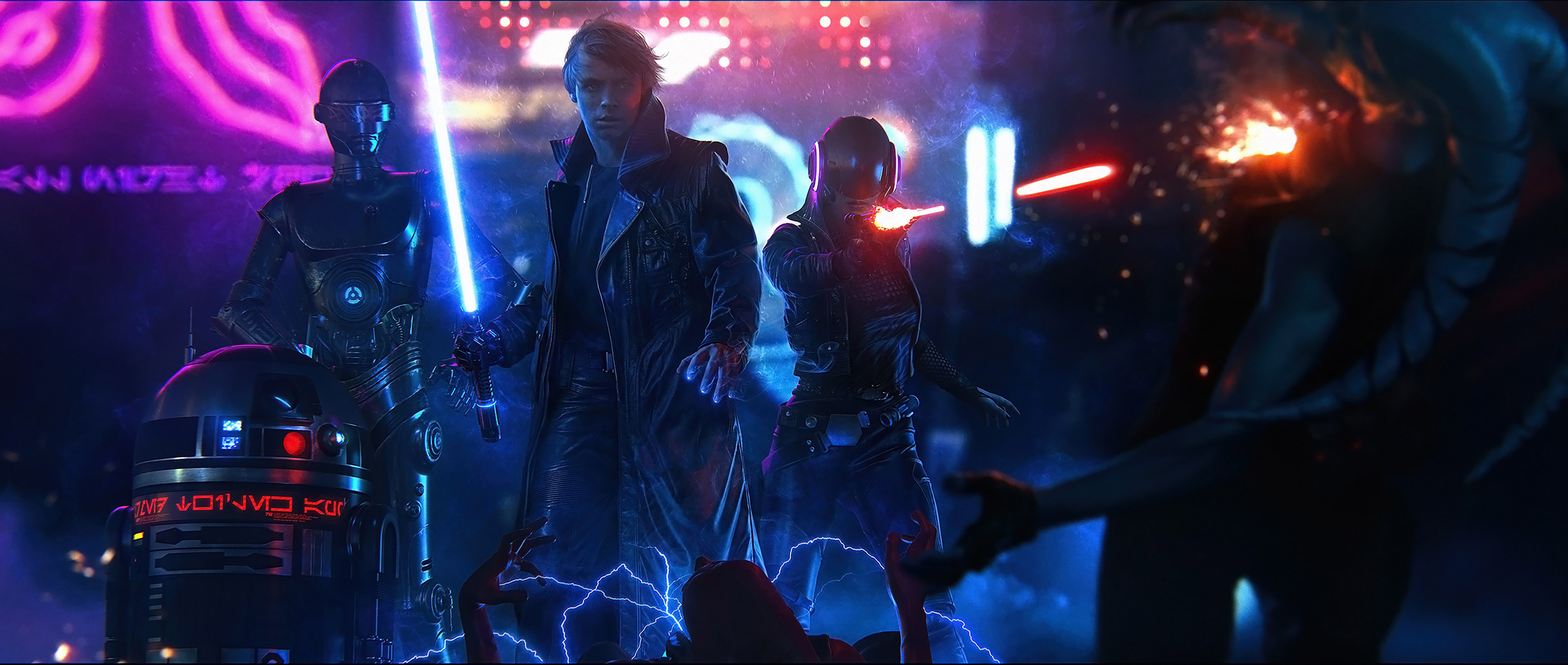 Star Wars characters in a neon-lit city HD Wallpaper