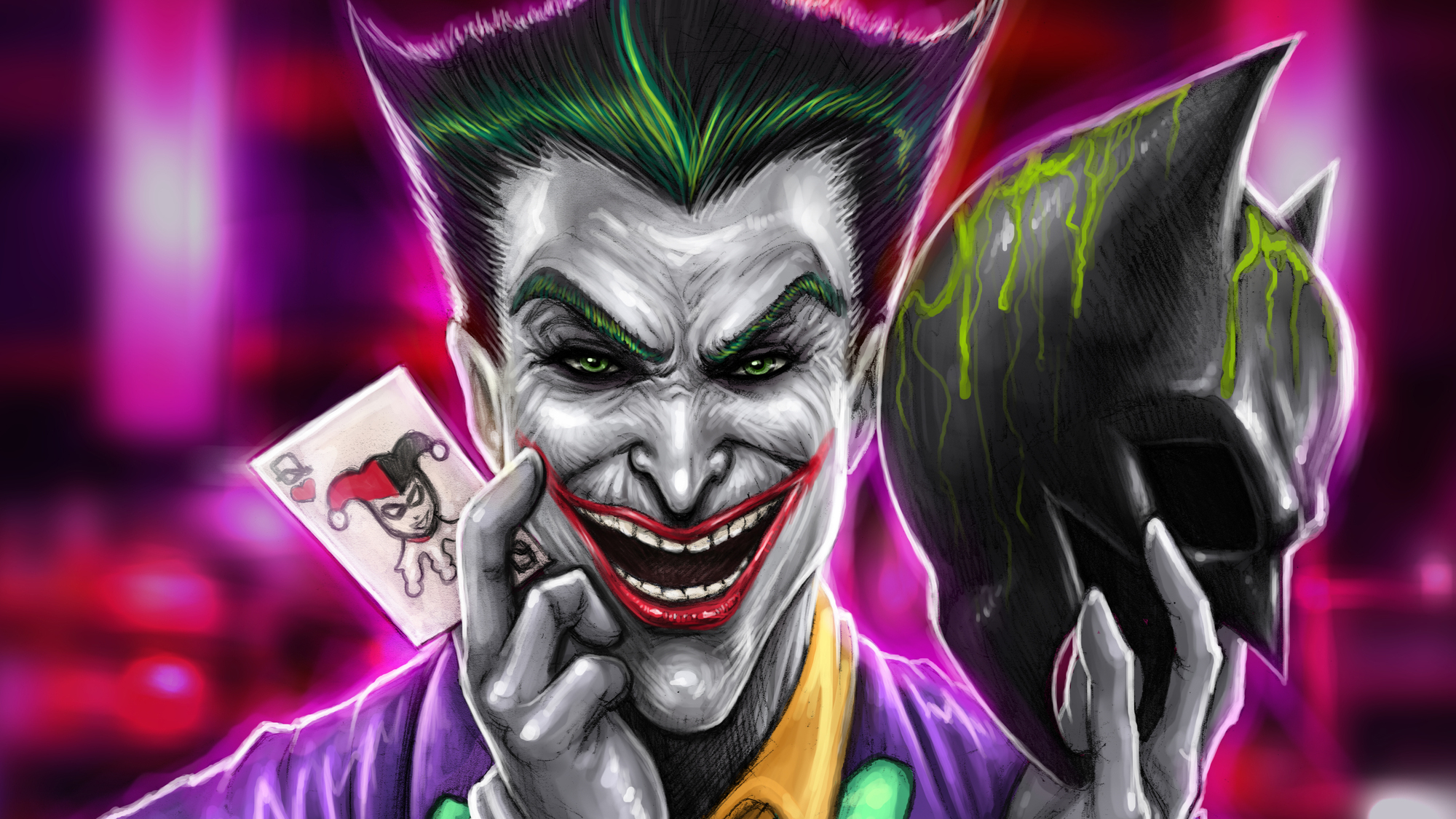 The Joker holding a Harley Quinn card and Batman's cowl HD Wallpaper