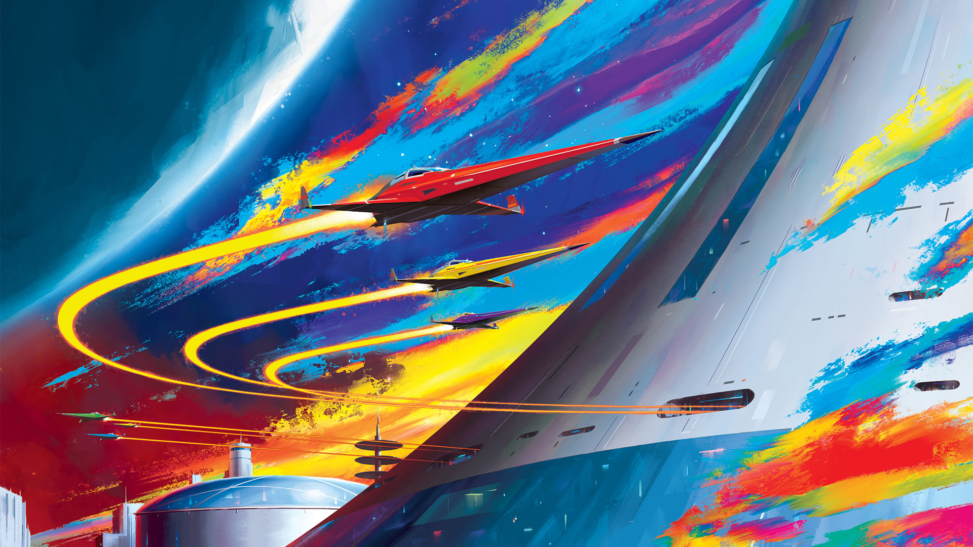 Spaceships racing through colorful nebula HD Wallpaper