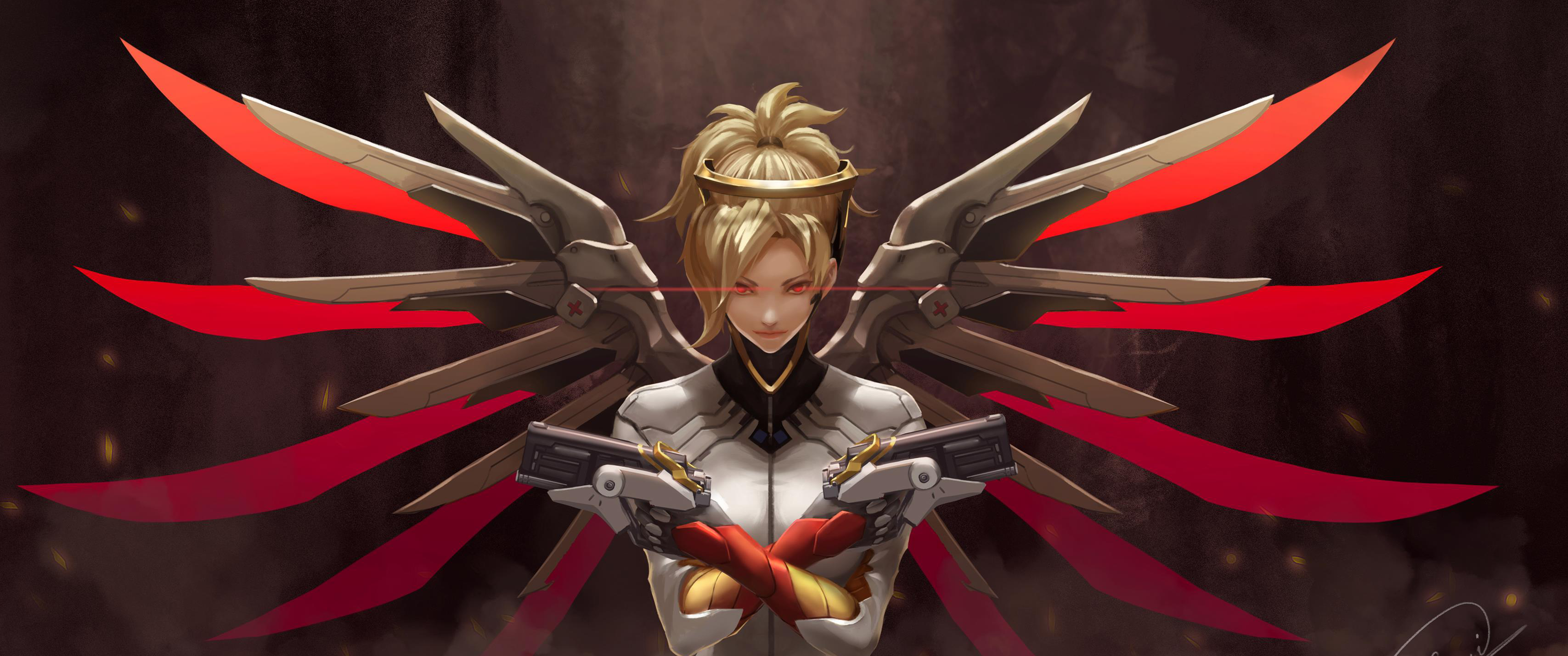 Mercy from Overwatch with wings and guns HD Wallpaper