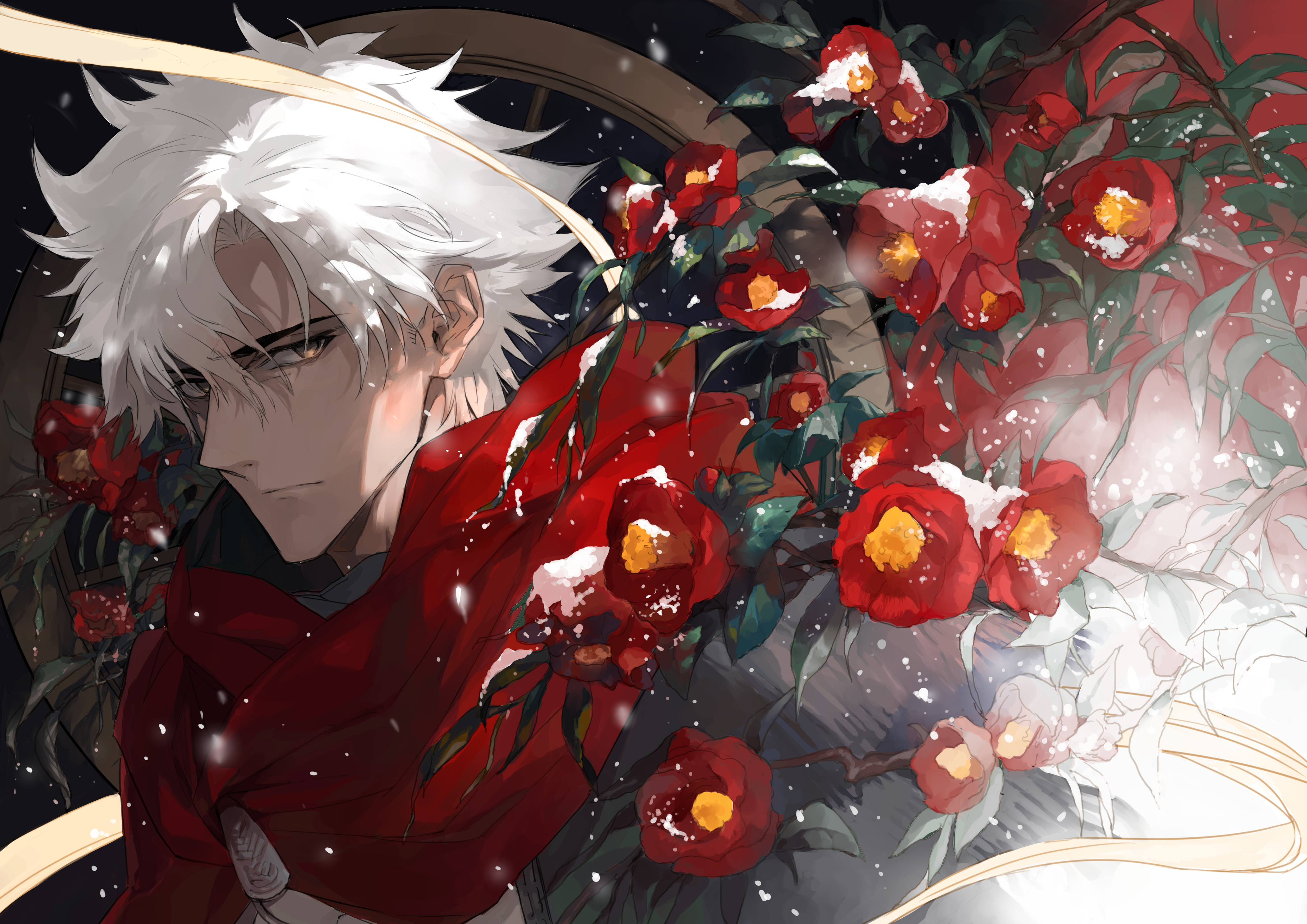Emiya (Assassin) with red camellias HD Wallpaper